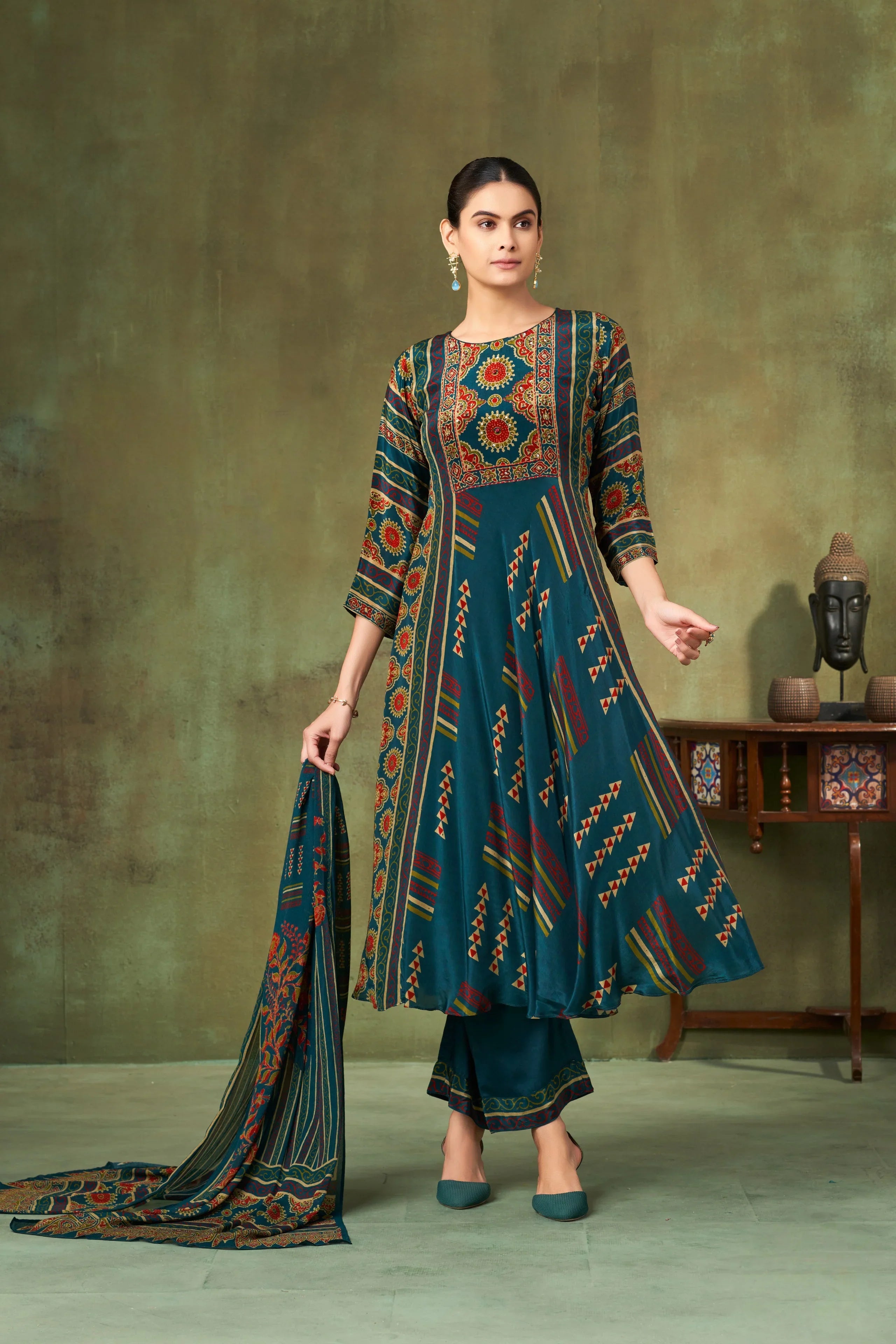 Deep Teal Tribal Print Georgette A-Line Salwar Suit Set | Mokshaa