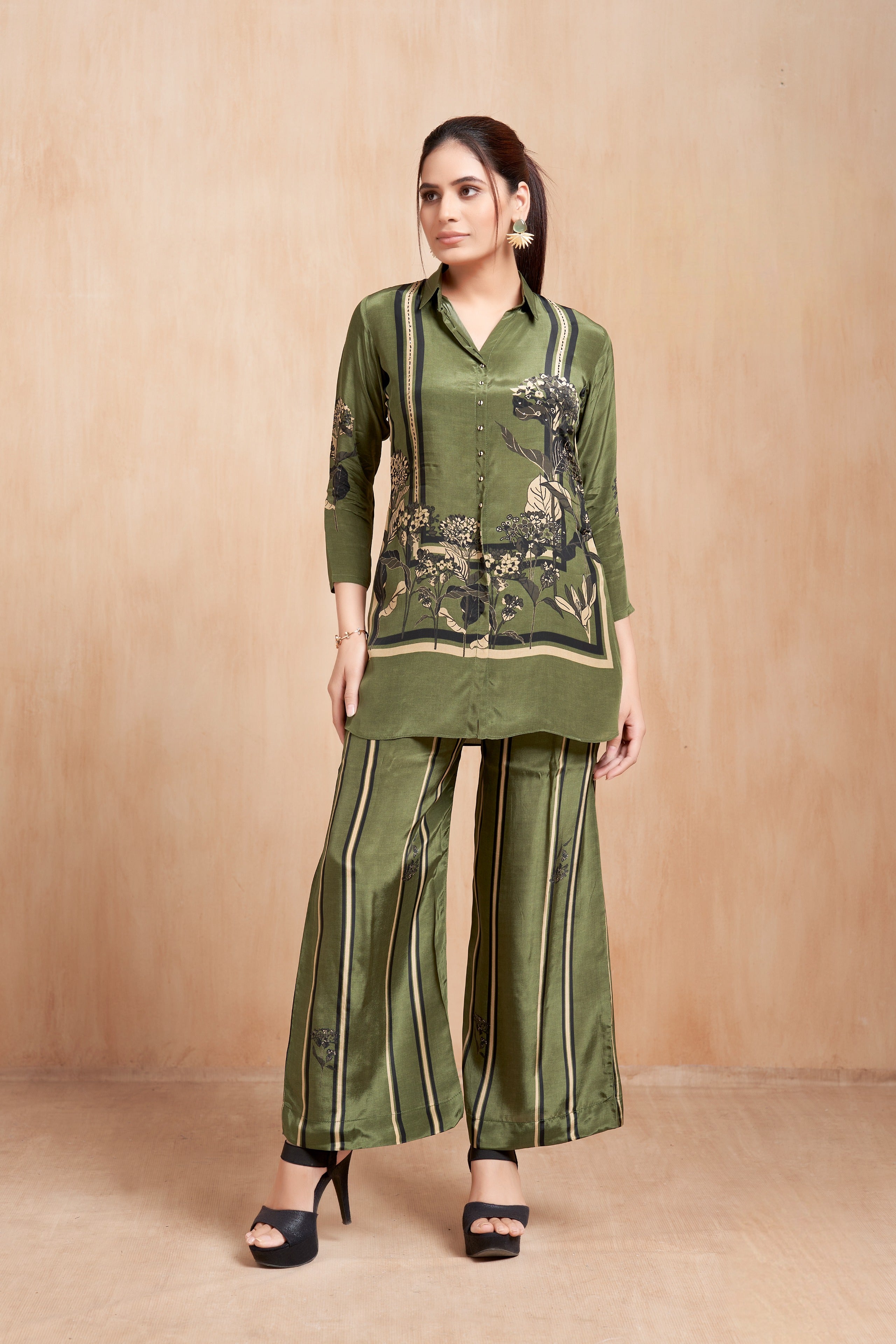 Olive Green Printed Silk Co-Ord Set with Botanical Motifs