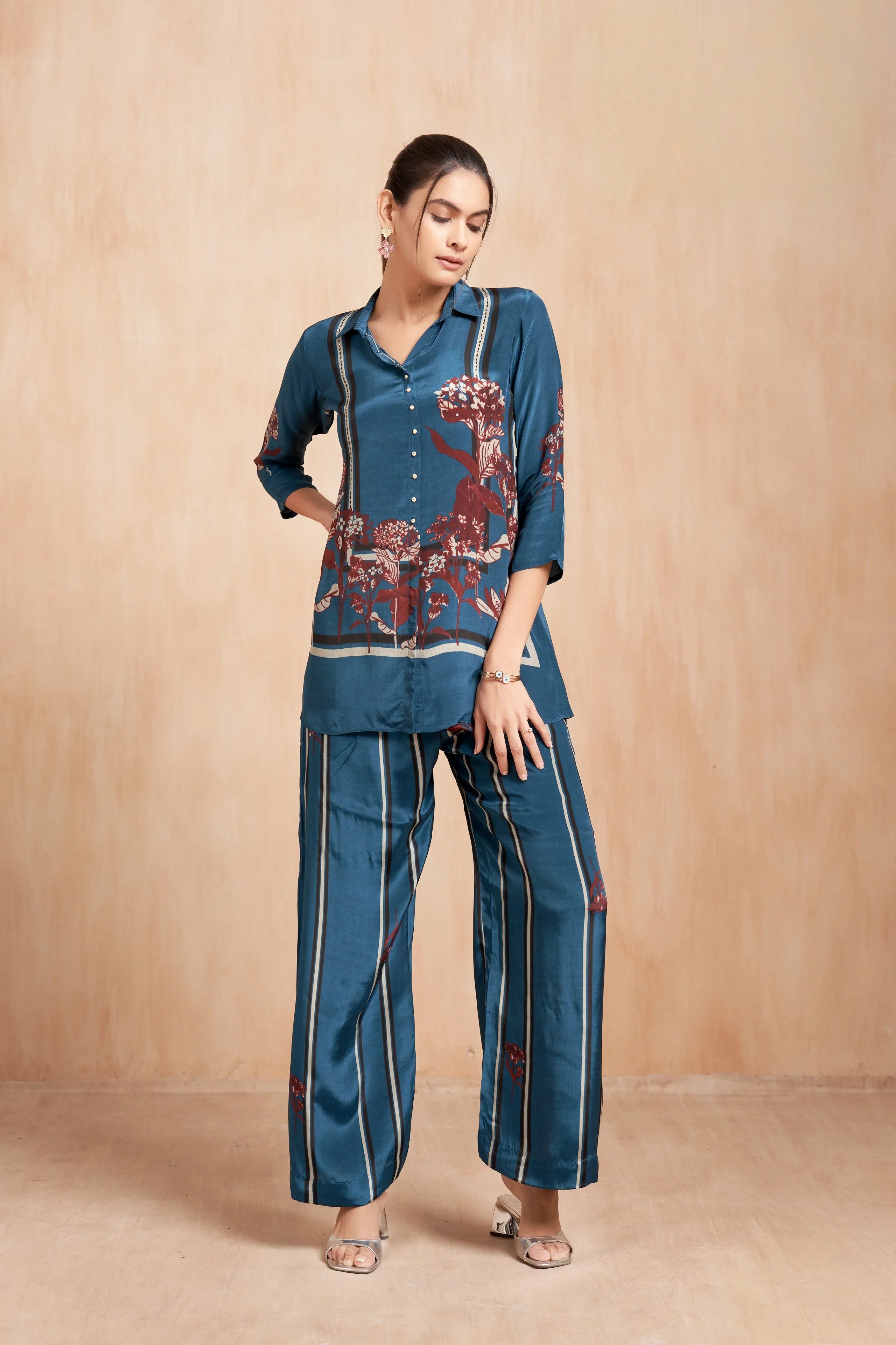 Teal Printed Crepe Co-Ord Set with Artistic Floral Panels | Mokshaa