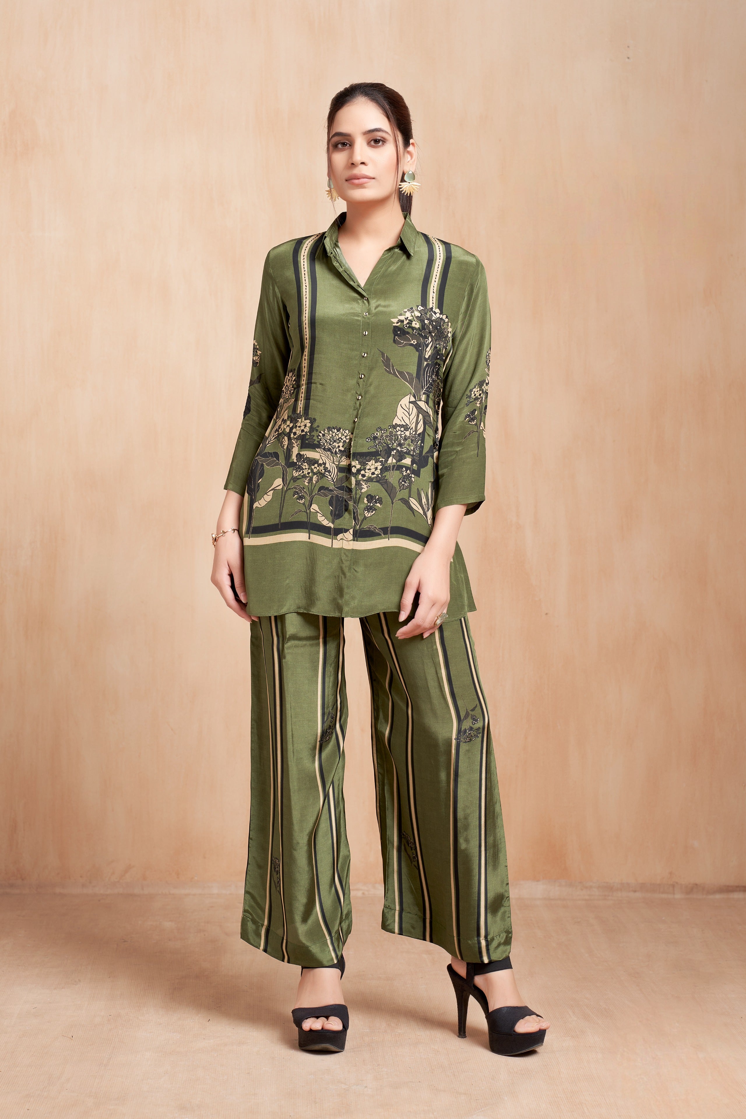 Olive Green Printed Silk Co-Ord Set with Botanical Motifs