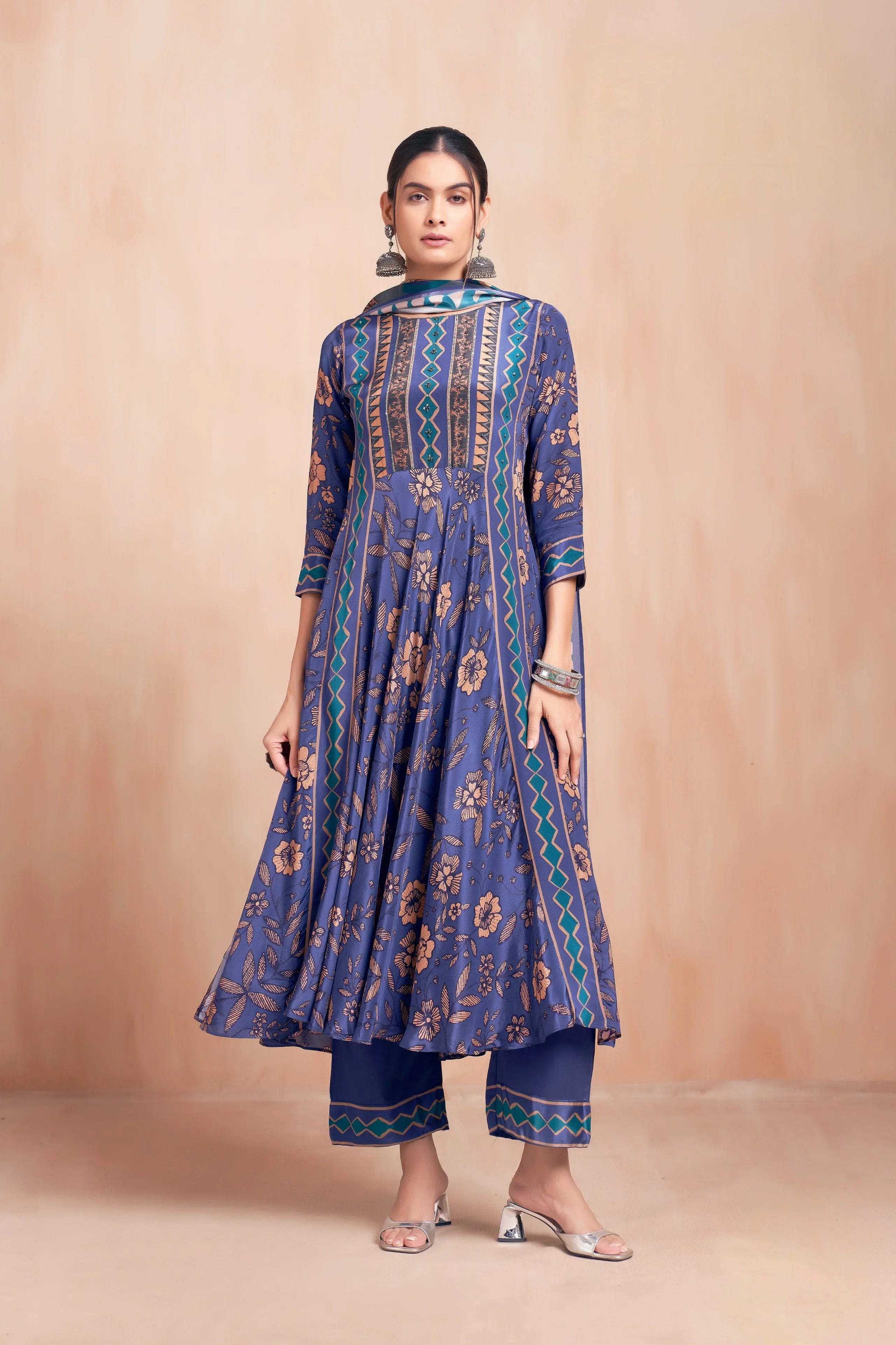 Sapphire Blue Floral Printed Crepe A-Line Salwar Suit Set | Mokshaa