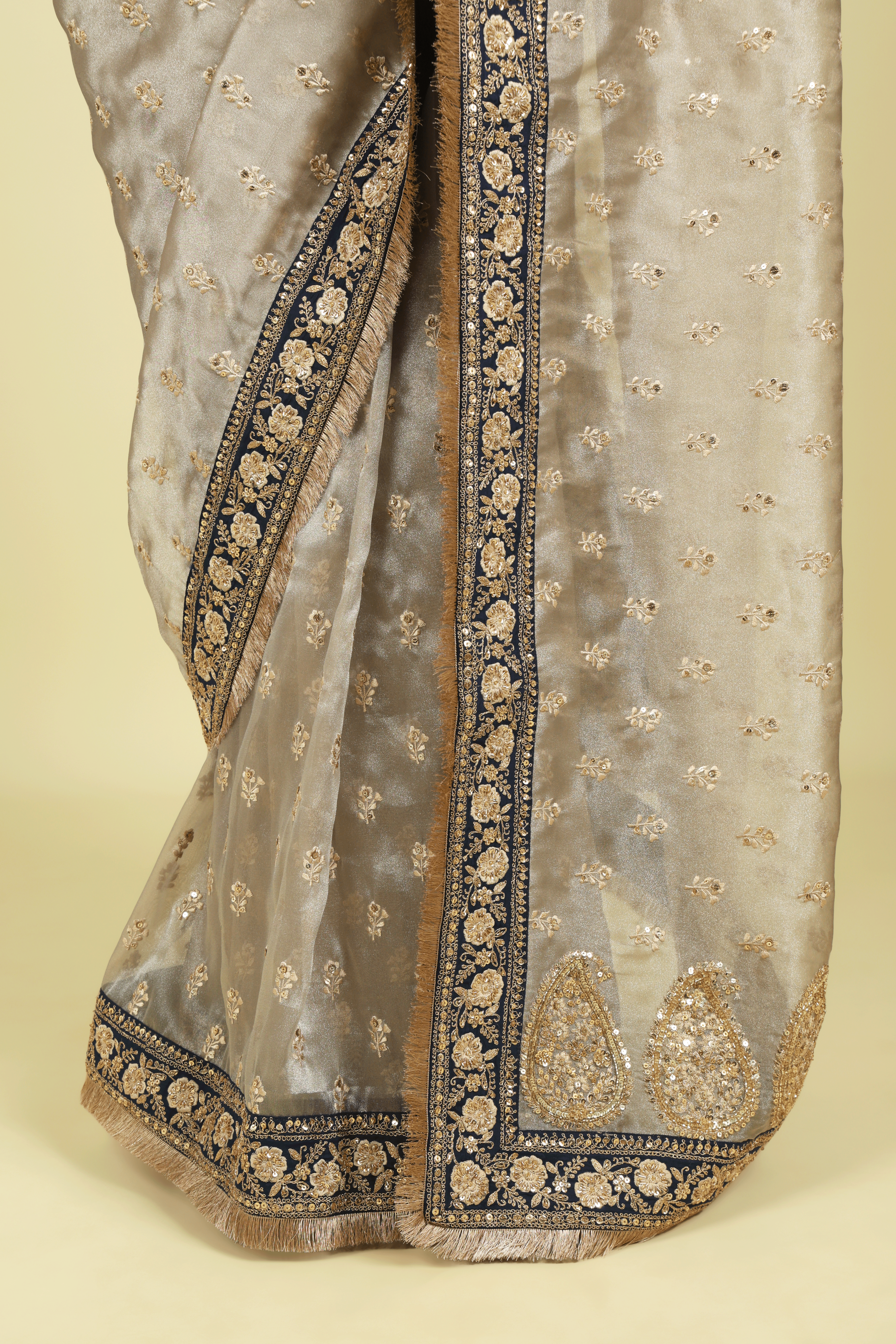 Silver Tissue Saree with Thread Motifs, Sequin Highlights & Contrast Embroidered Border