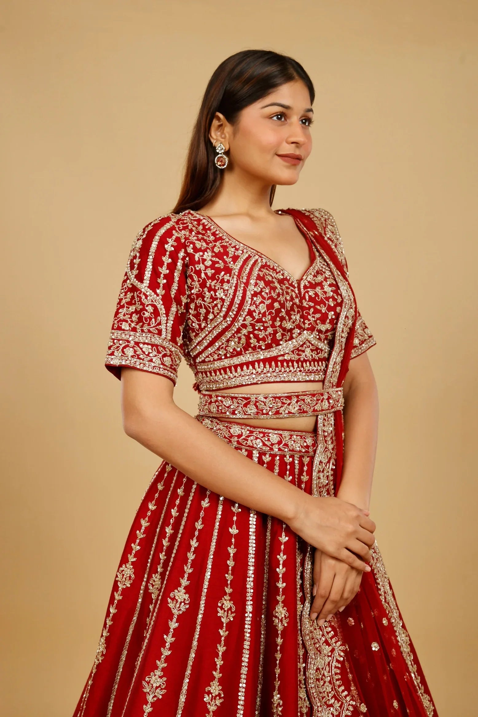 Maroon Raw Silk Bridal Lehenga Set with Zari, Sequin & Pearl Embroidery