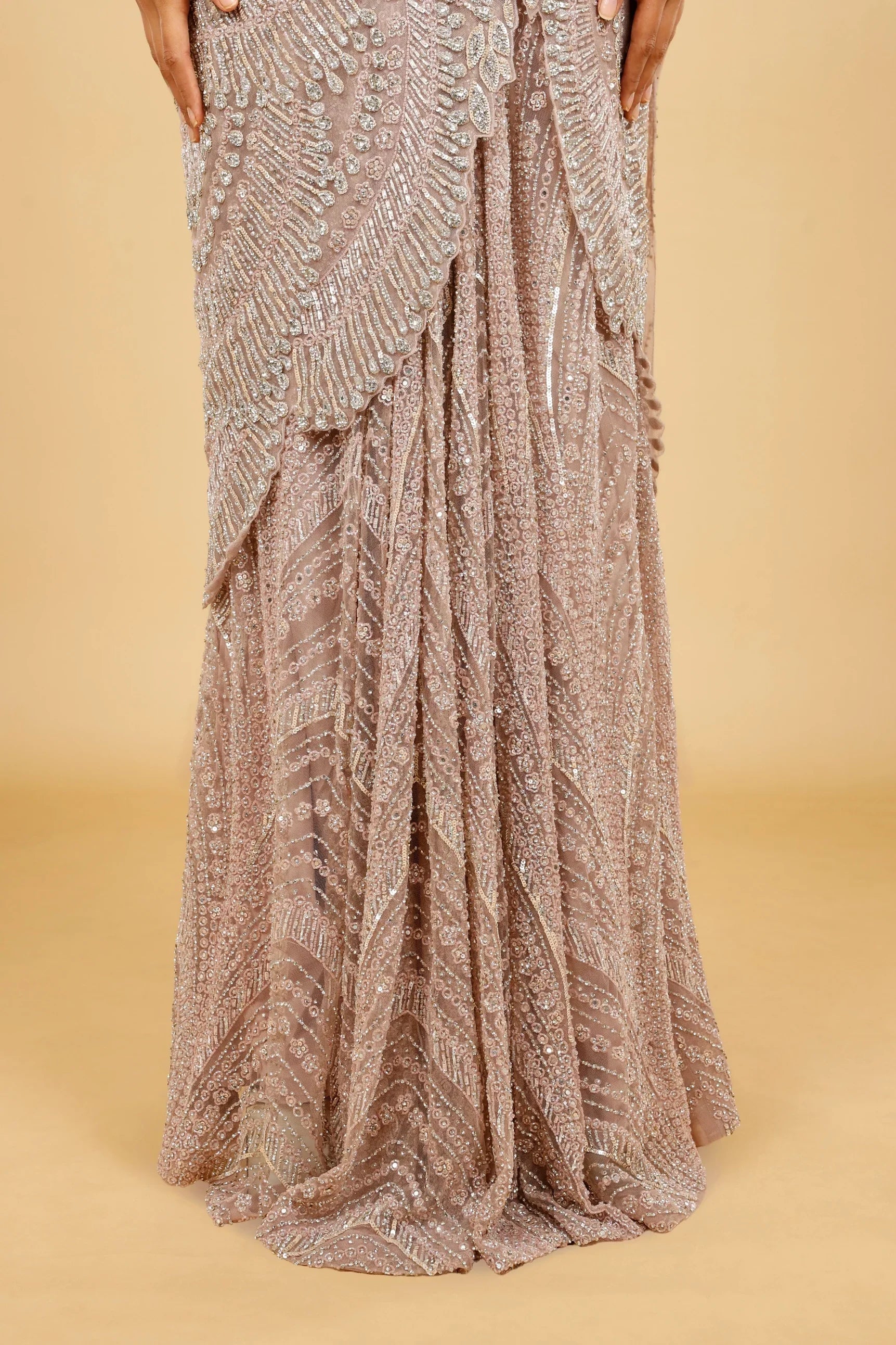 Champagne Net Drape Saree with Heavy Sequin & Cutdana Work - Mokshaa