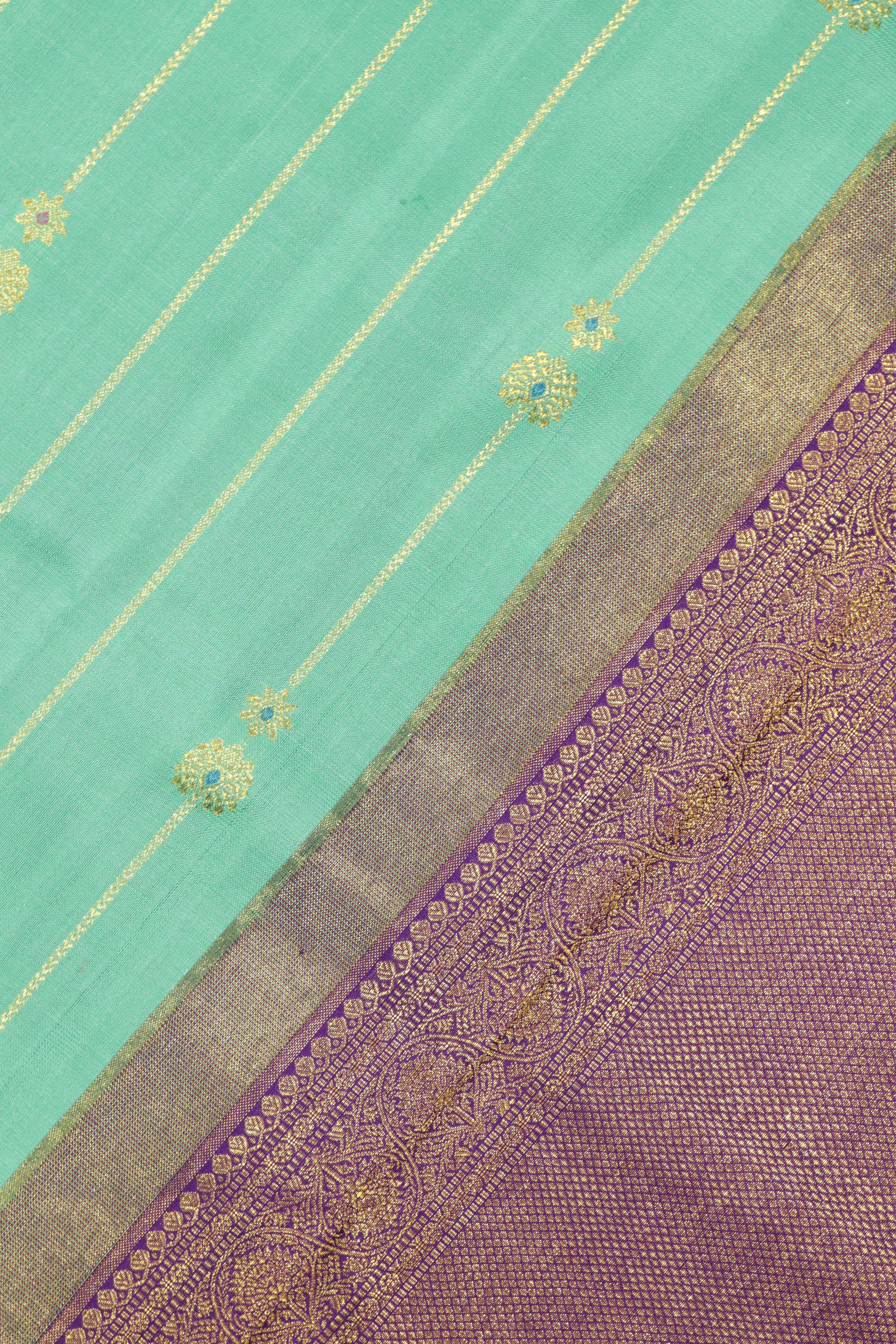 Turquoise Blue Kanchipuram Silk Saree with Zari Stripes, Buttas & Contrast Border