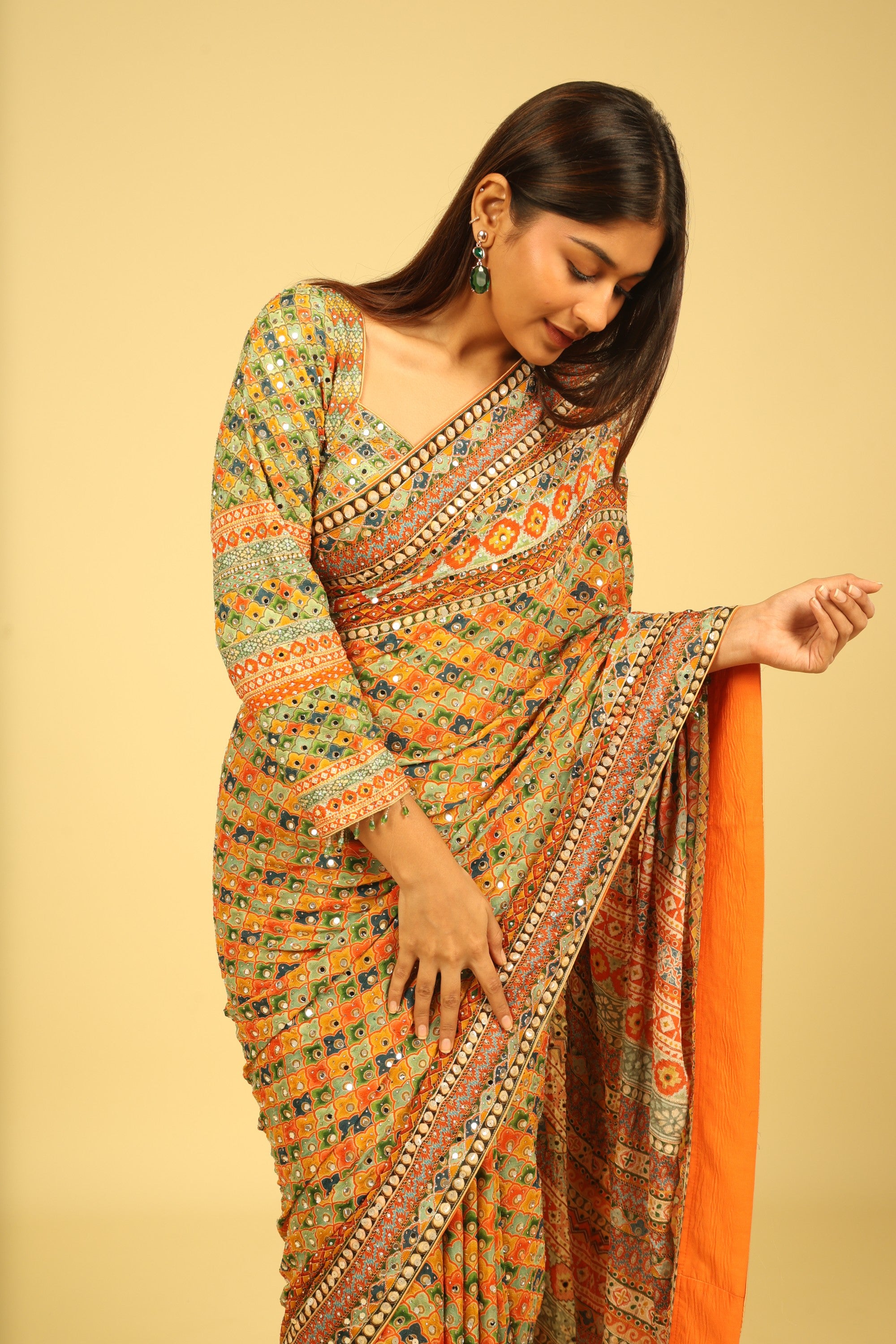 Multicolour Soft Georgette Saree with Digital Print, Sequin & Mirror Highlights