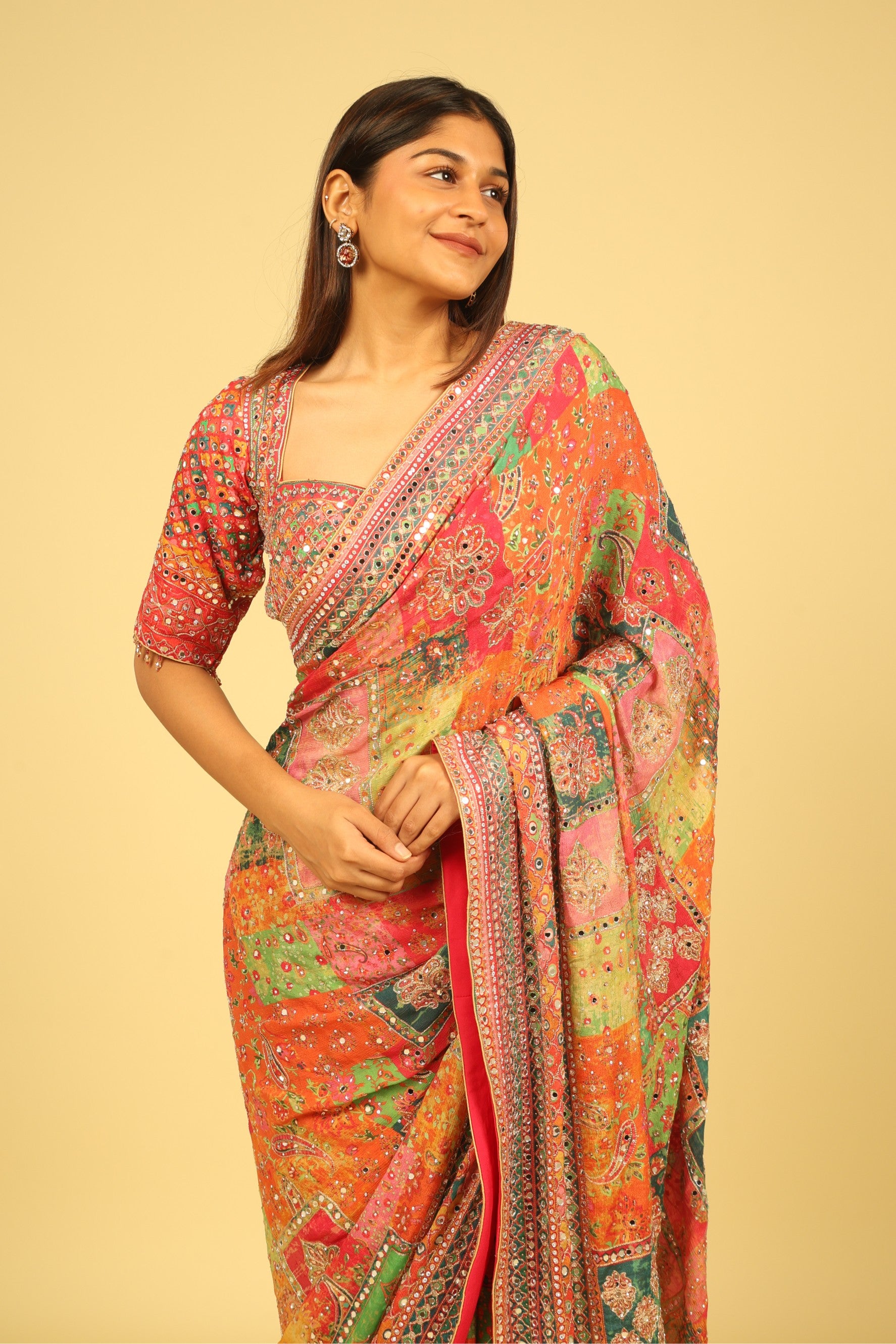 Multicolour Soft Georgette Saree with Digital Print, Sequin & Mirror Highlights - Mokshaa