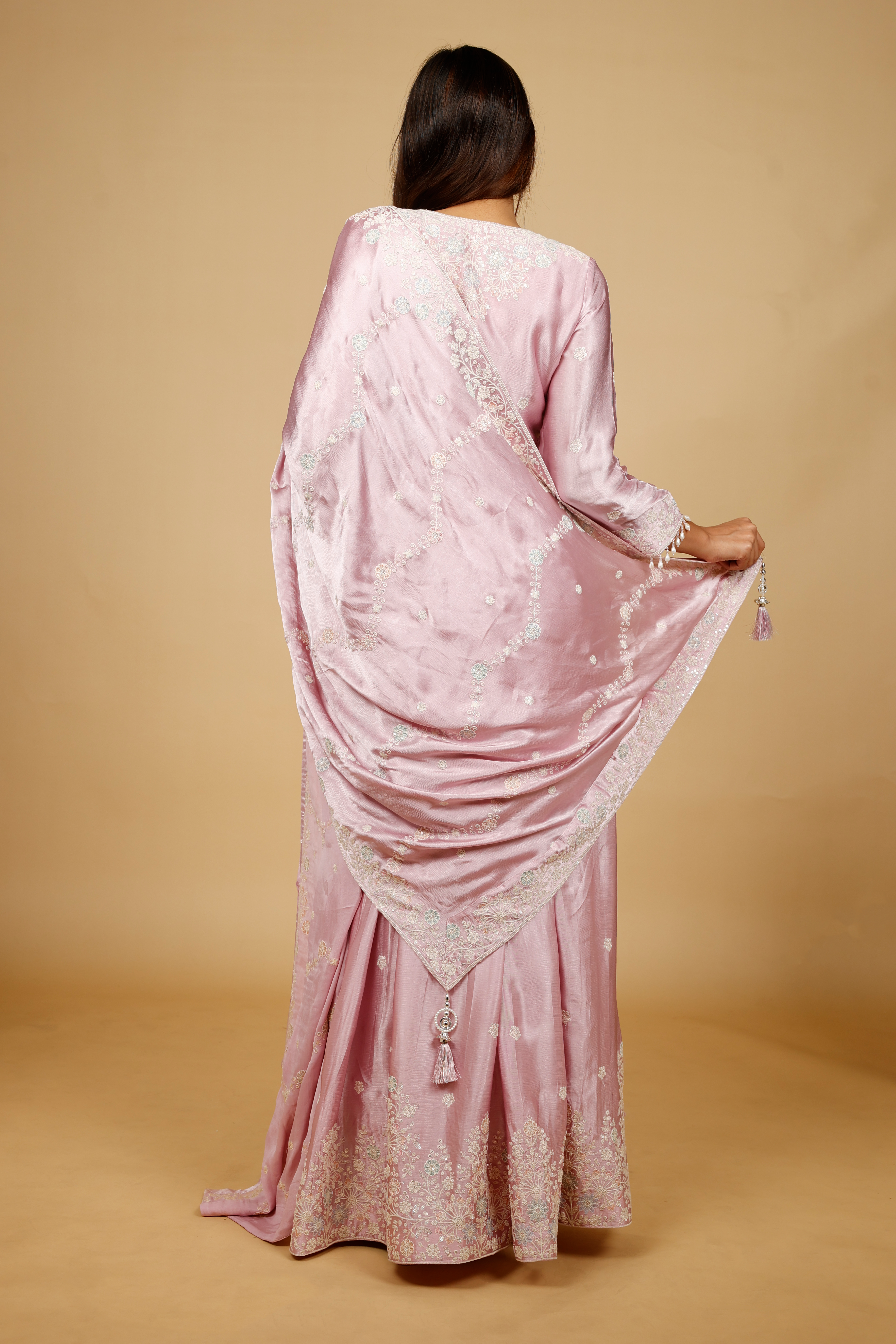 Blush Pink Chinon Silk Sharara Set with Thread, Pearl & Sequin Embroidery