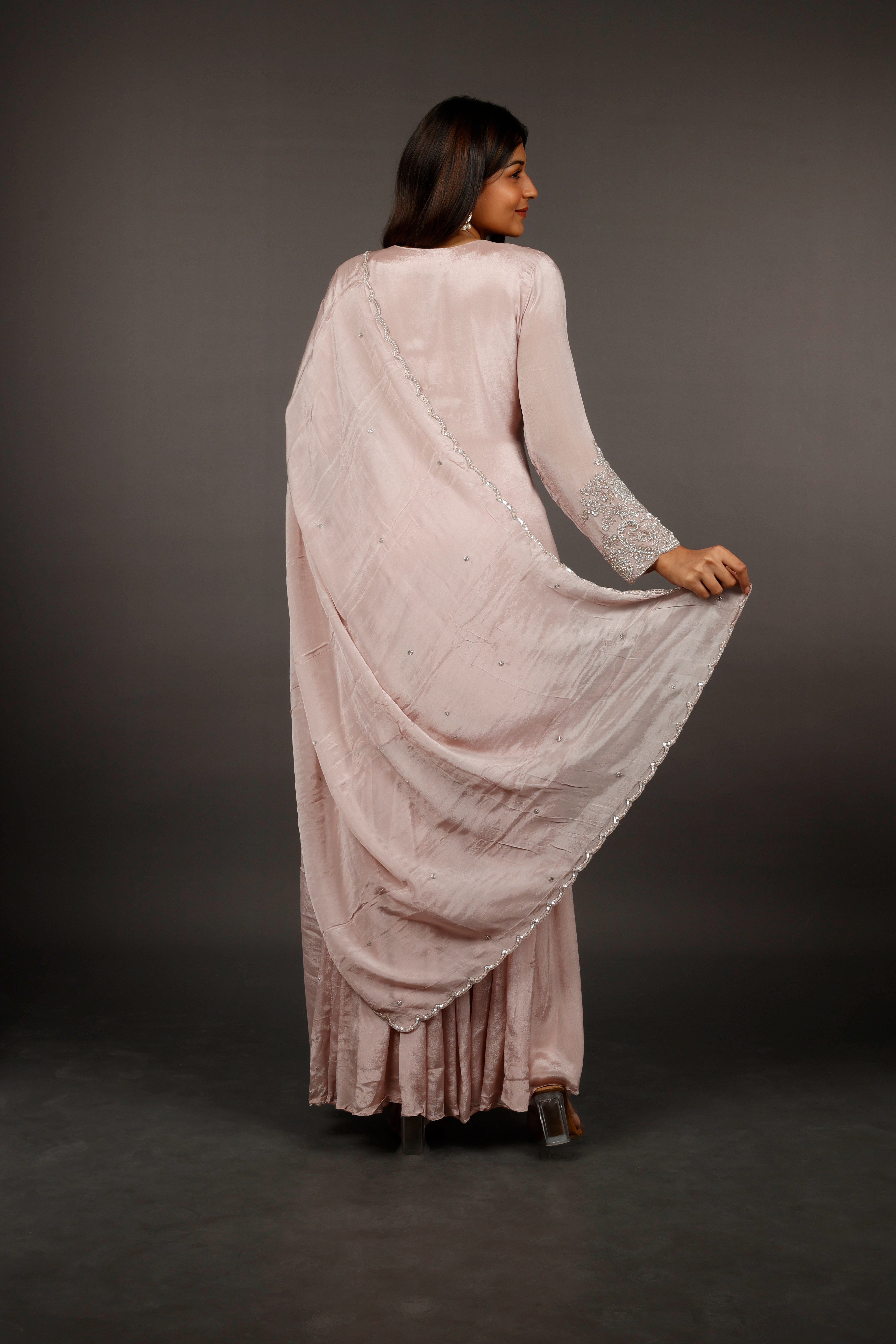 Blush Pink Chinon Silk Sharara Set with Kutdana & Pearl Embroidery