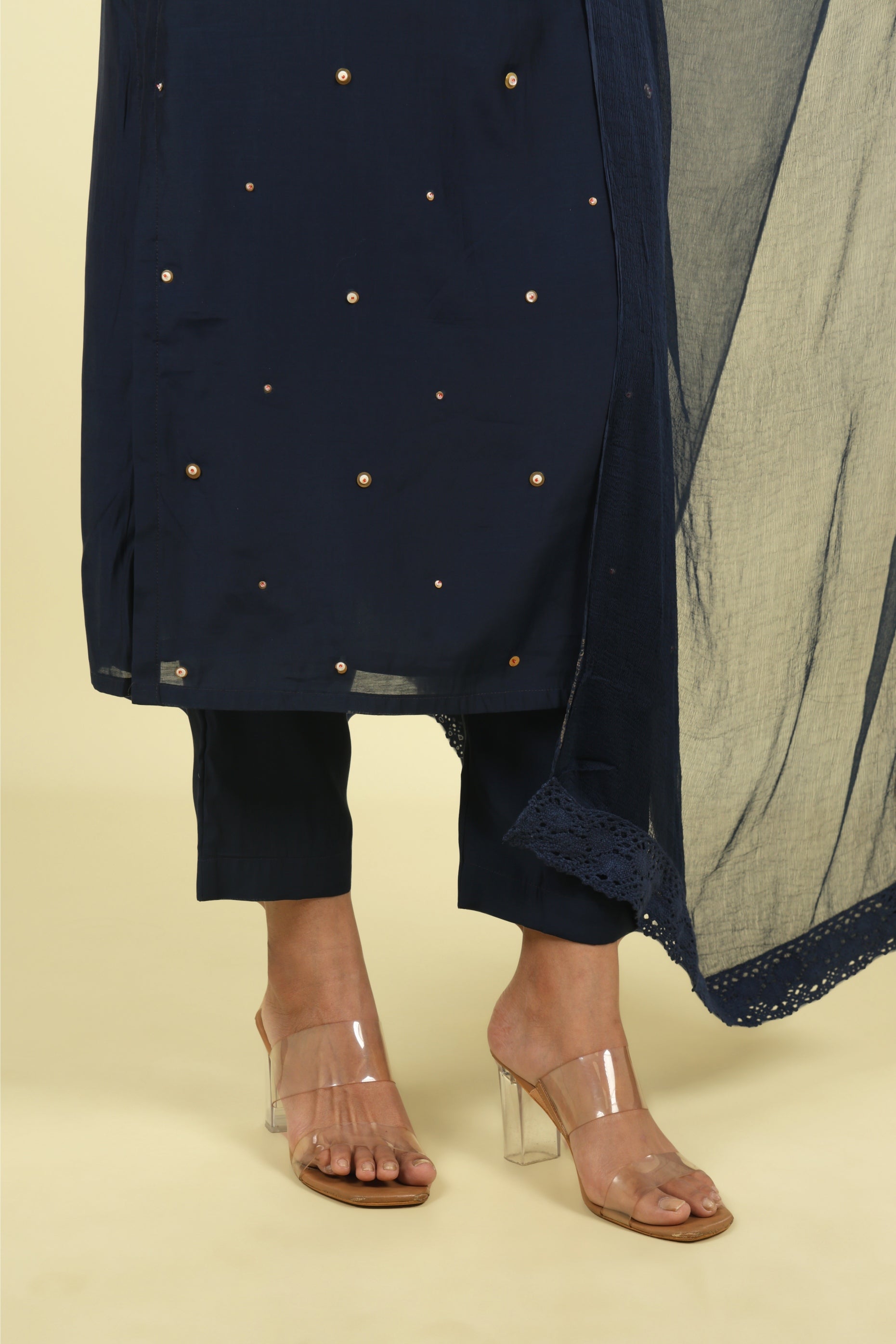 Navy Embroidered Mul Chanderi Salwar Suit
