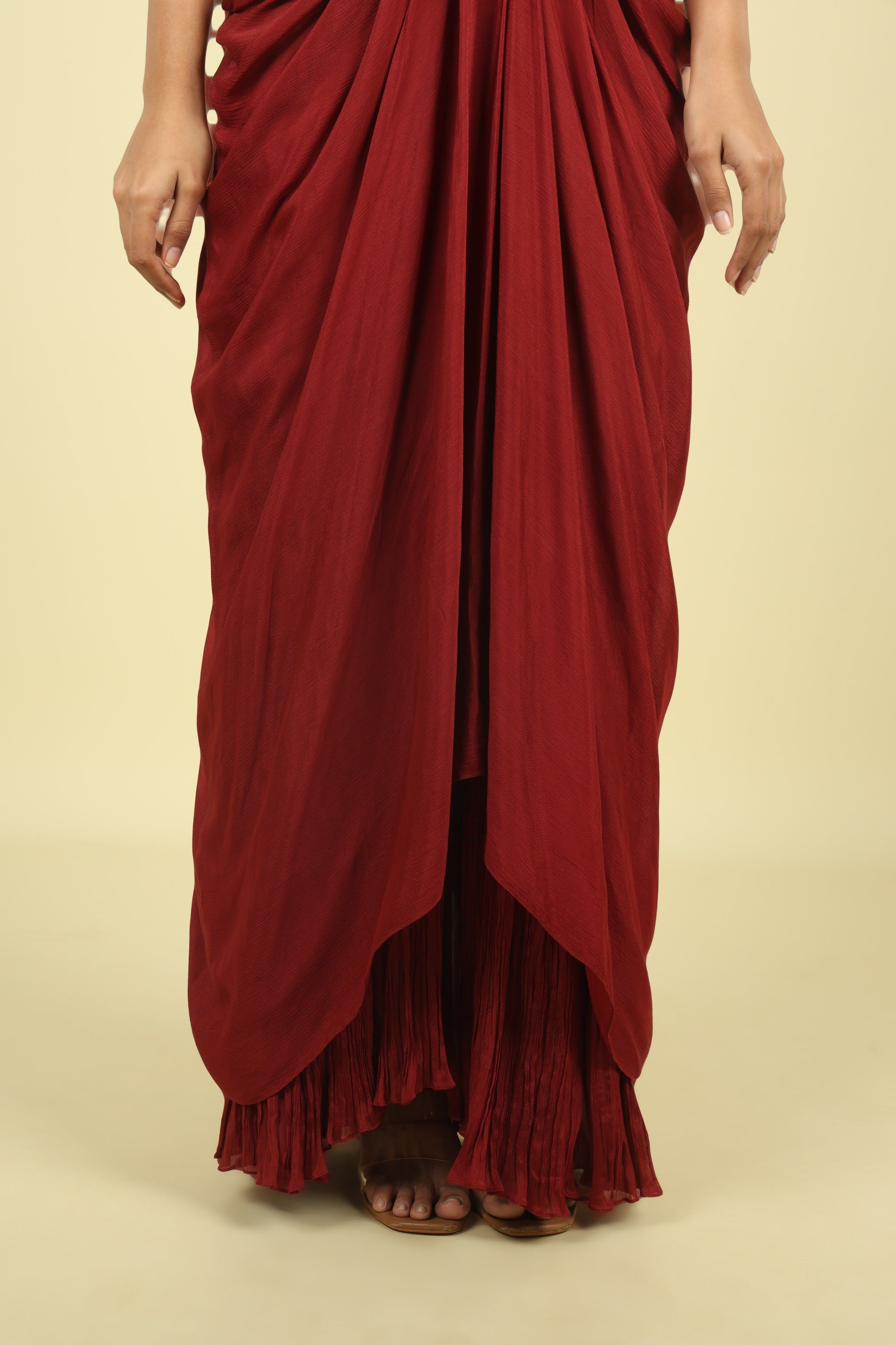 Maroon Draped Indo-Western Silk Set with Metallic & Thread Embroidery - Mokshaa