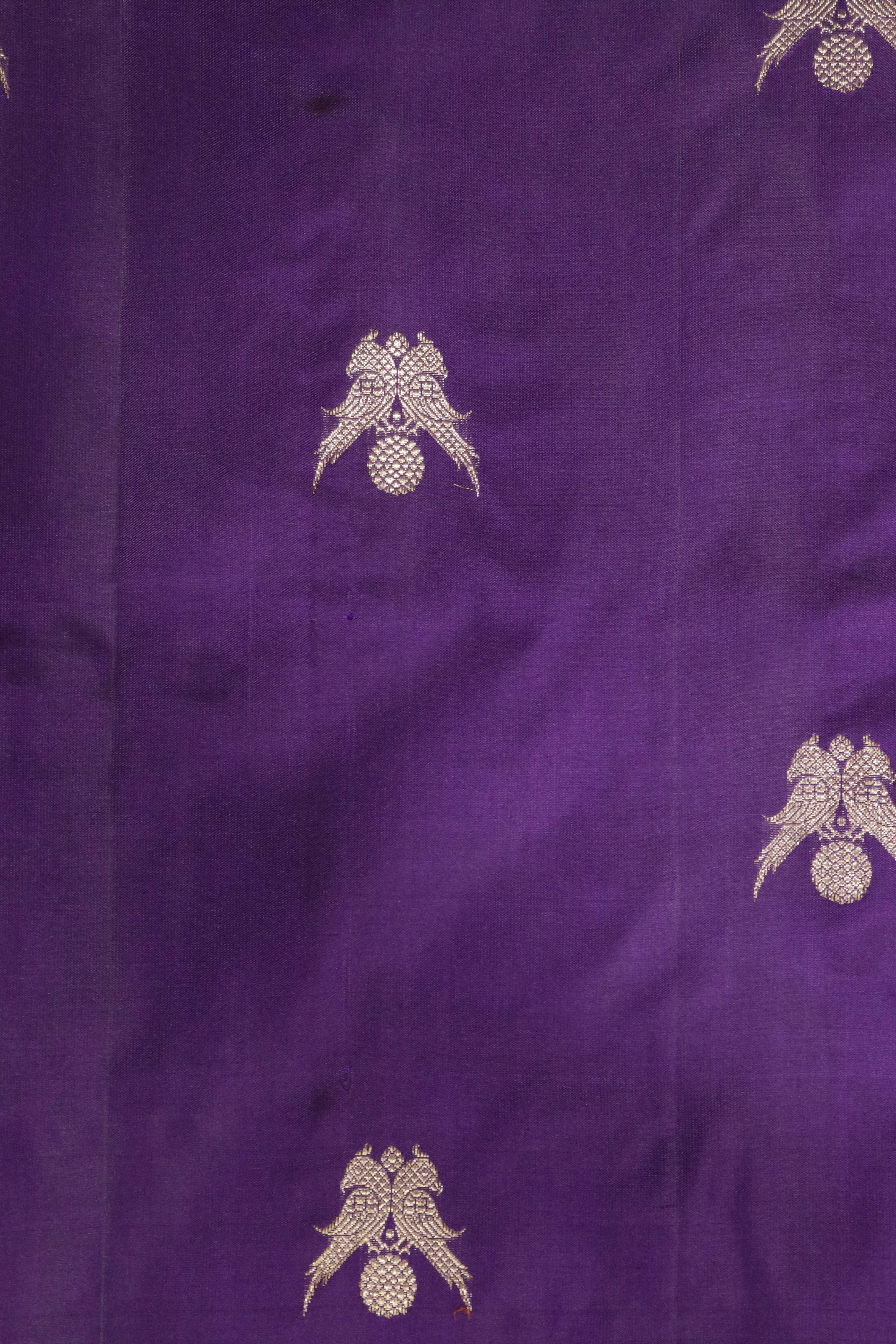Purple Kanchipuram Silk Saree with Parrot Zari Motifs & Zari Weaving Border
