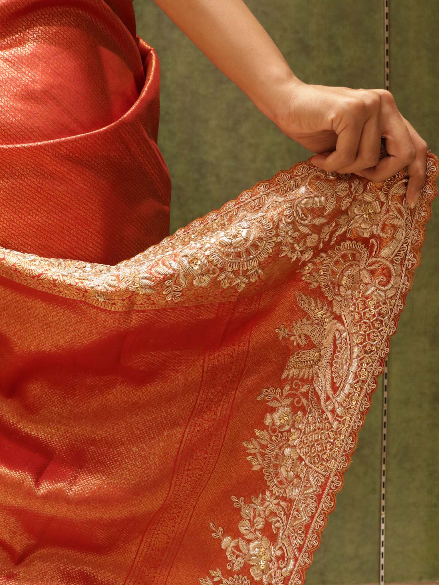 Reddish Orange Kanjivaram Silk Saree with Zardosi & Bead Work Border