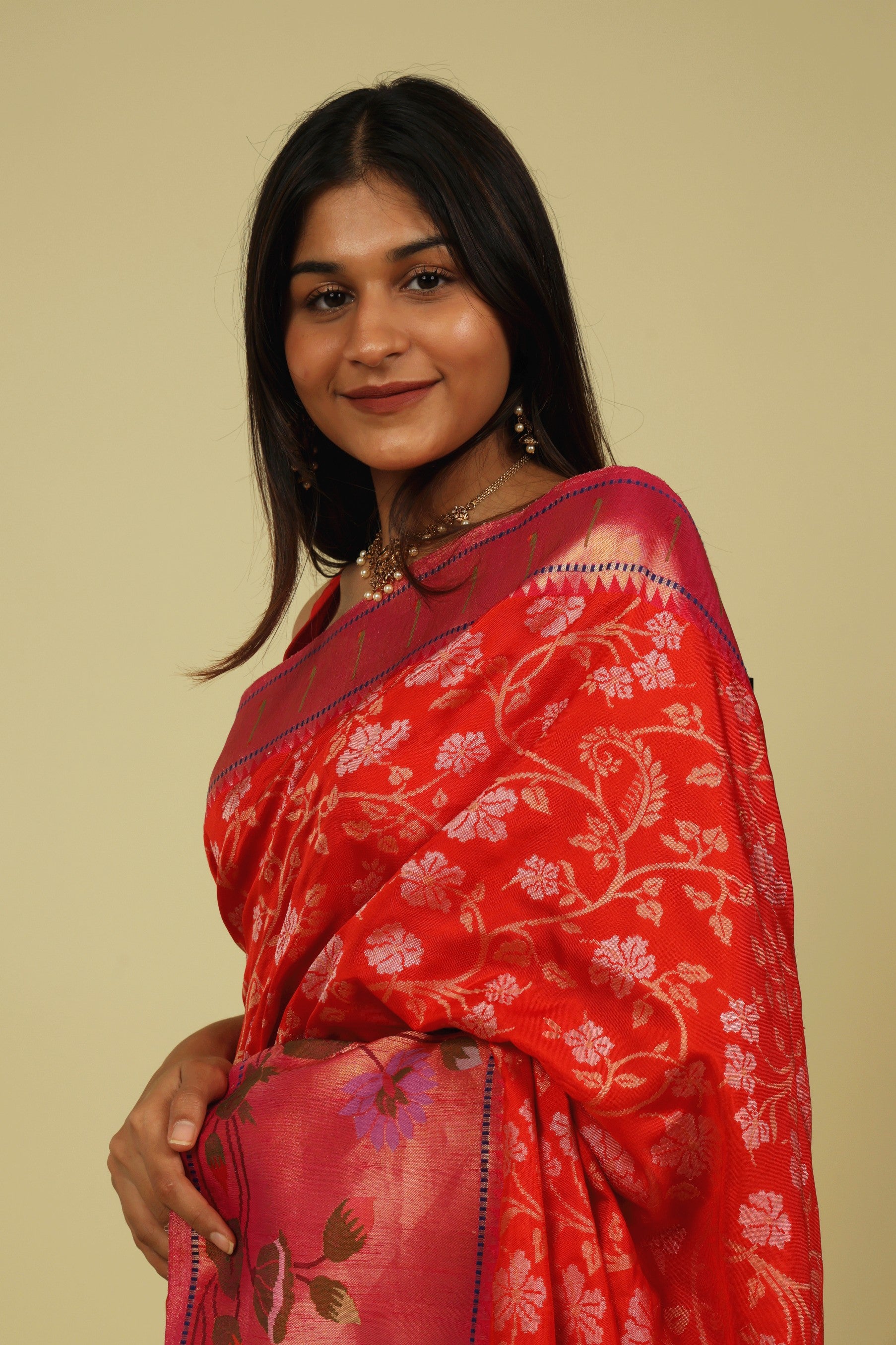 Orange Banarasi Silk Saree with Gold & Silver Zari Jaal and Jamdani Border