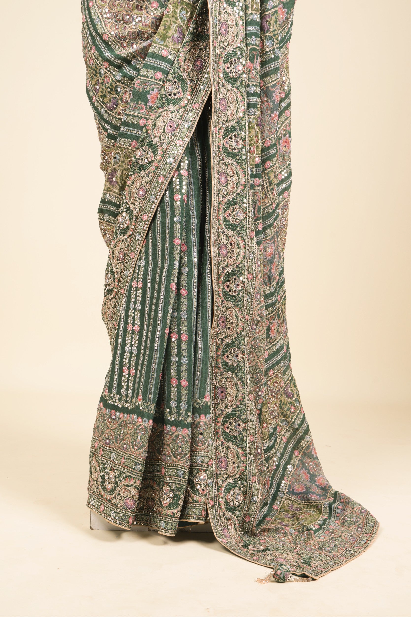 Emerald Green Soft Georgette Saree with Digital Print, Sequin & Mirror Highlights - Mokshaa