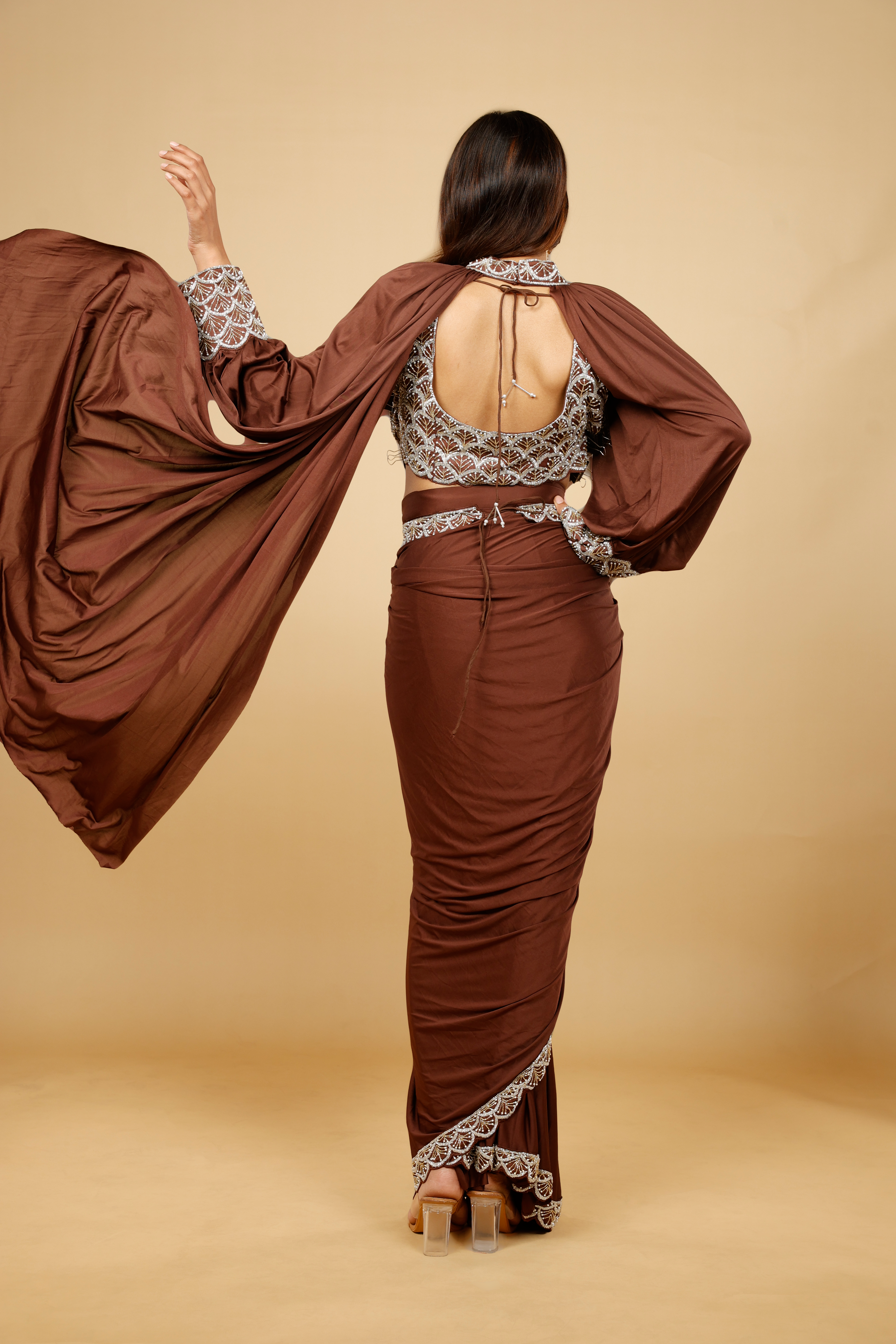 Brown Satin Lycra Drape Saree with Pearl & Cutdana Embroidery