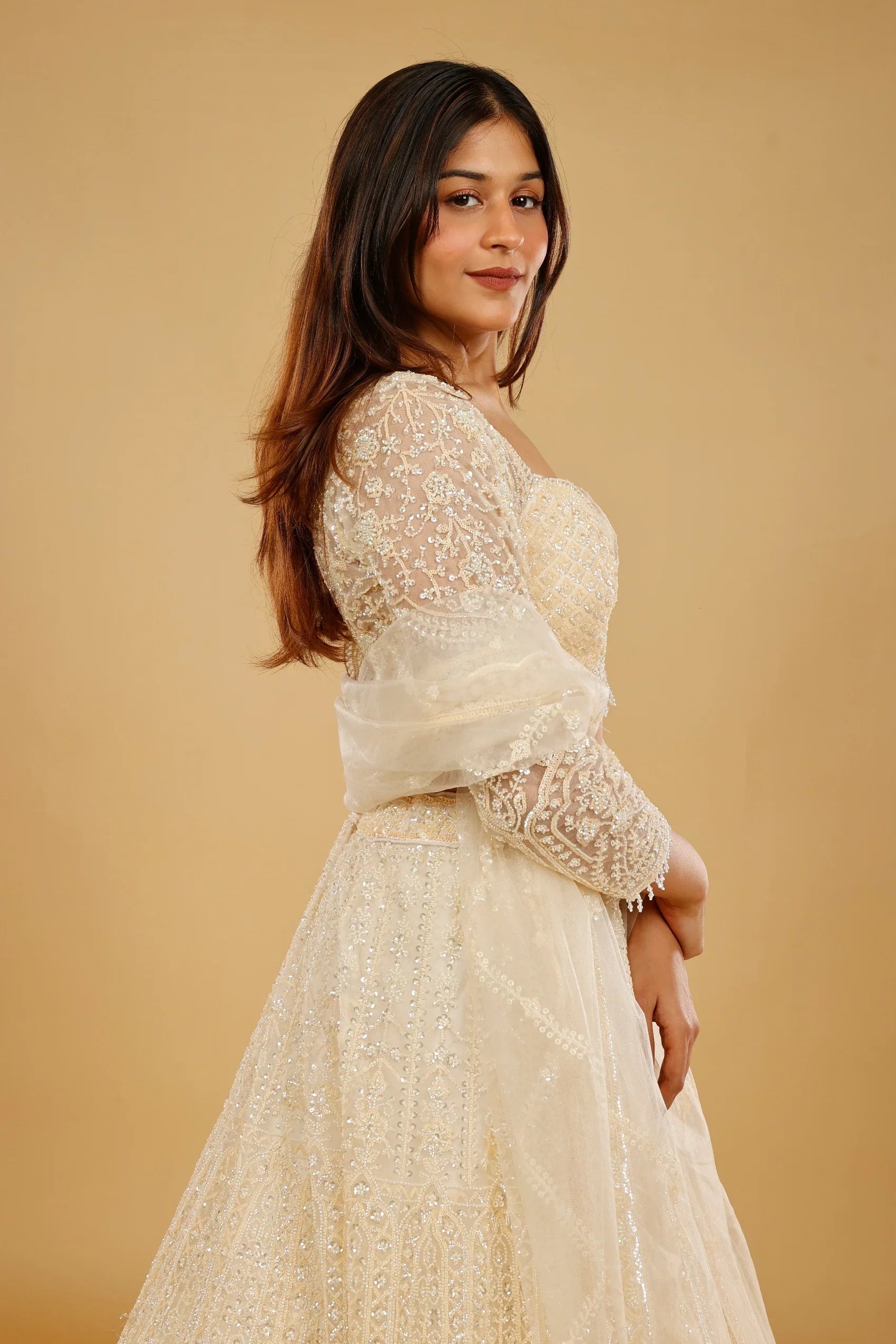 Ivory Gold Net Lehenga Set with Sequin, Cutdana & Pearl Embroidery - Mokshaa