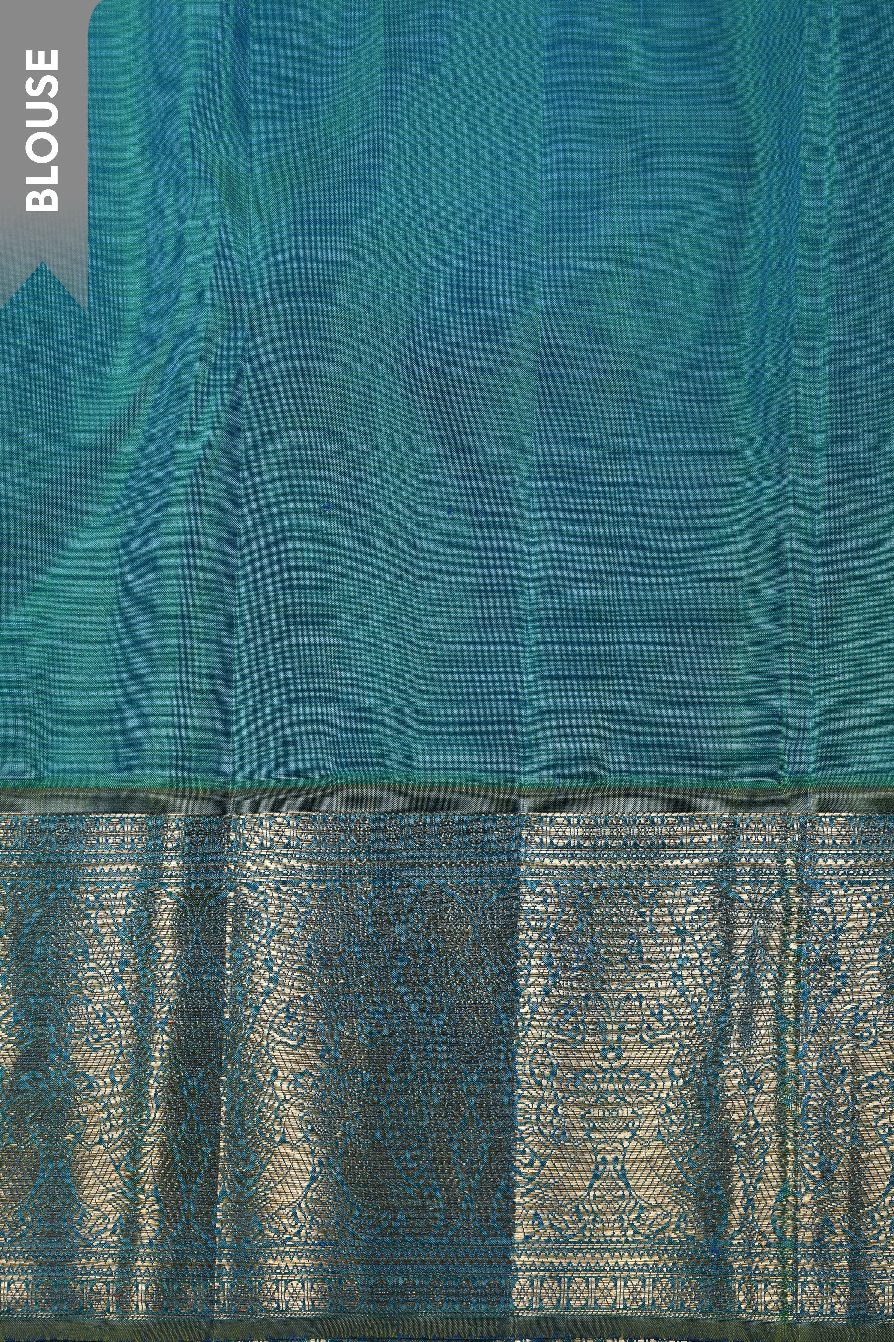 Ivory Kanchipuram Silk Saree with Peacock Blue Zari Border - Mokshaa