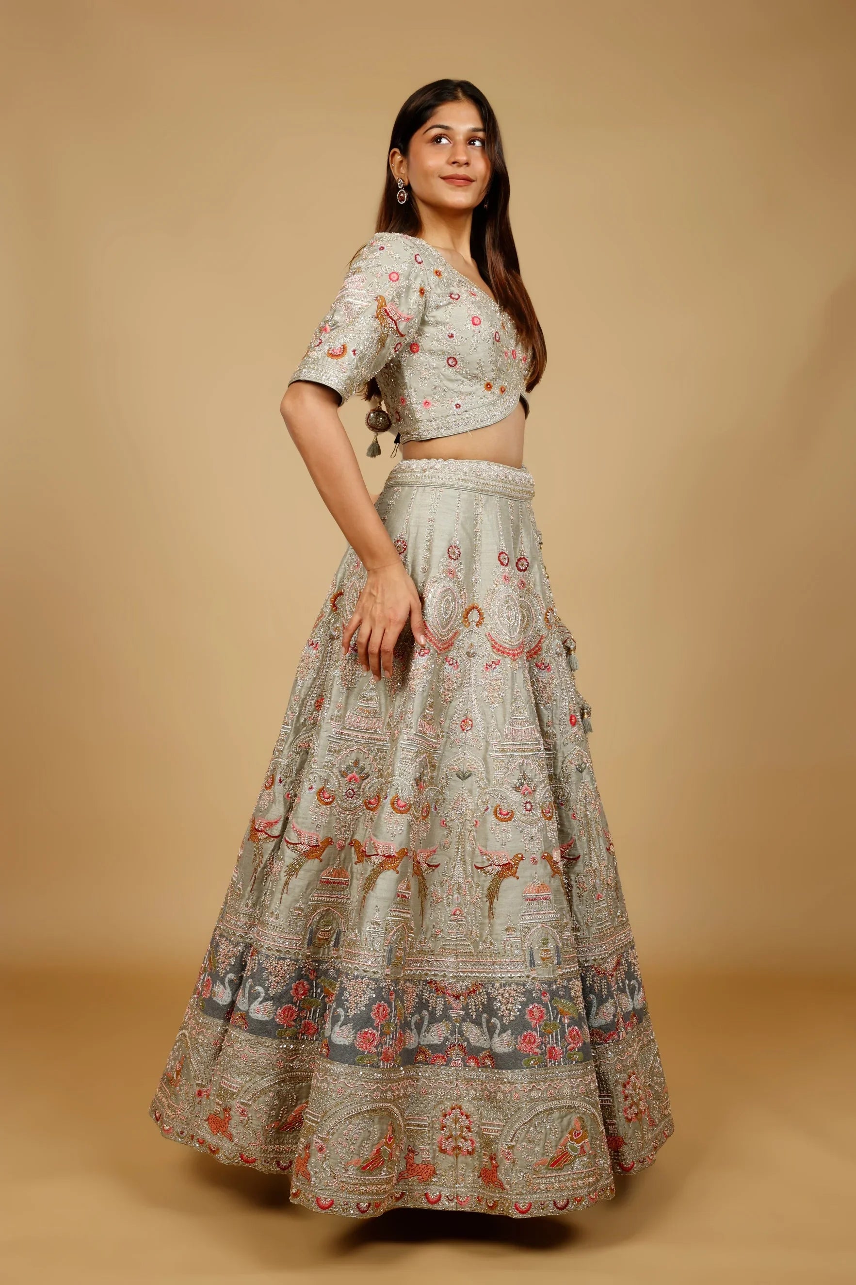 Sage Green Raw Silk Bridal Lehenga Set with Zardozi, Cutdana & Pearl Embroidery - Mokshaa