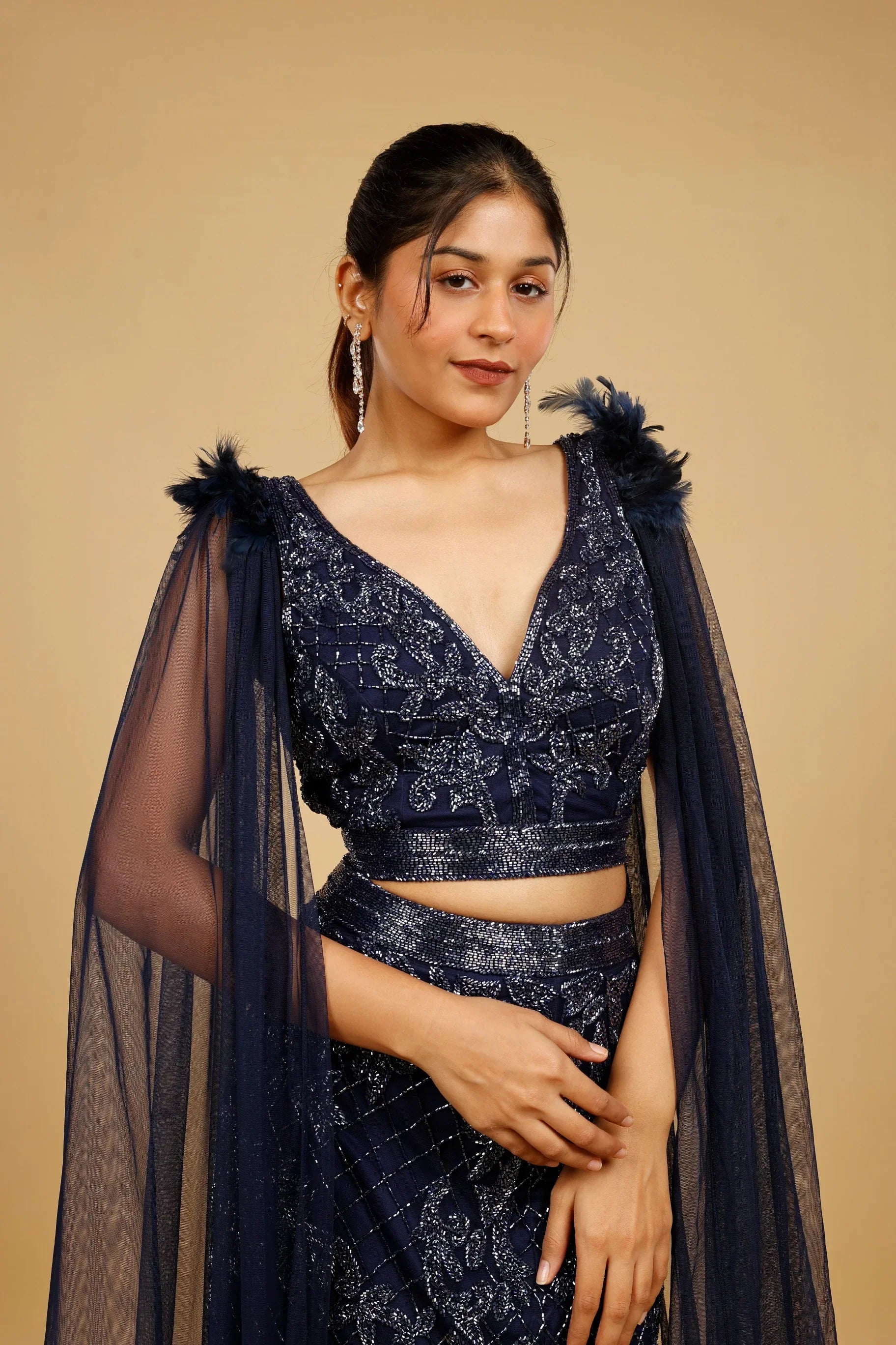 Navy Blue Net Mermaid Skirt Set with Cutdana Embroidery