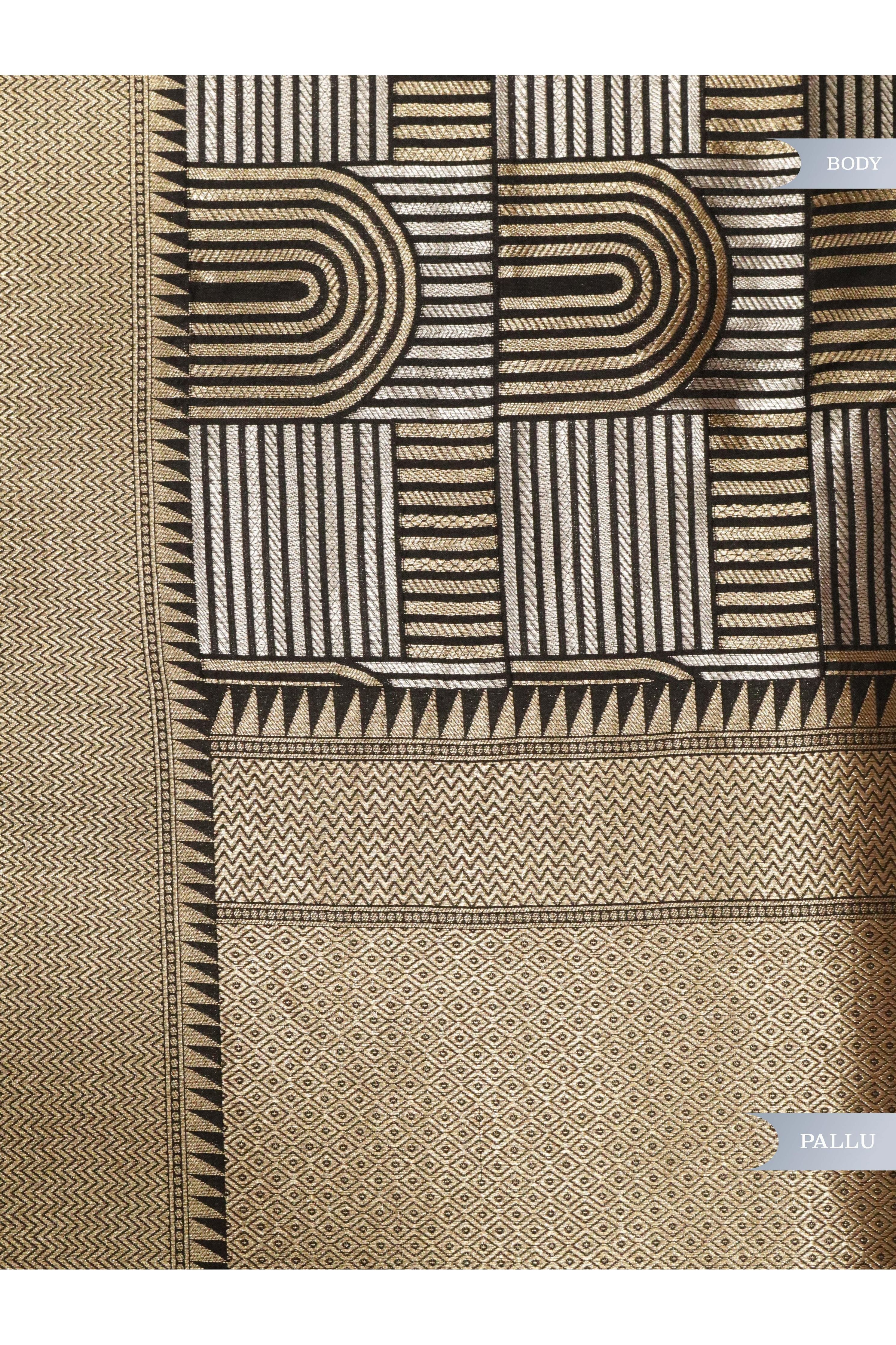 Black Banarasi Silk Saree with Gold & Silver Zari Box Weaving - Mokshaa