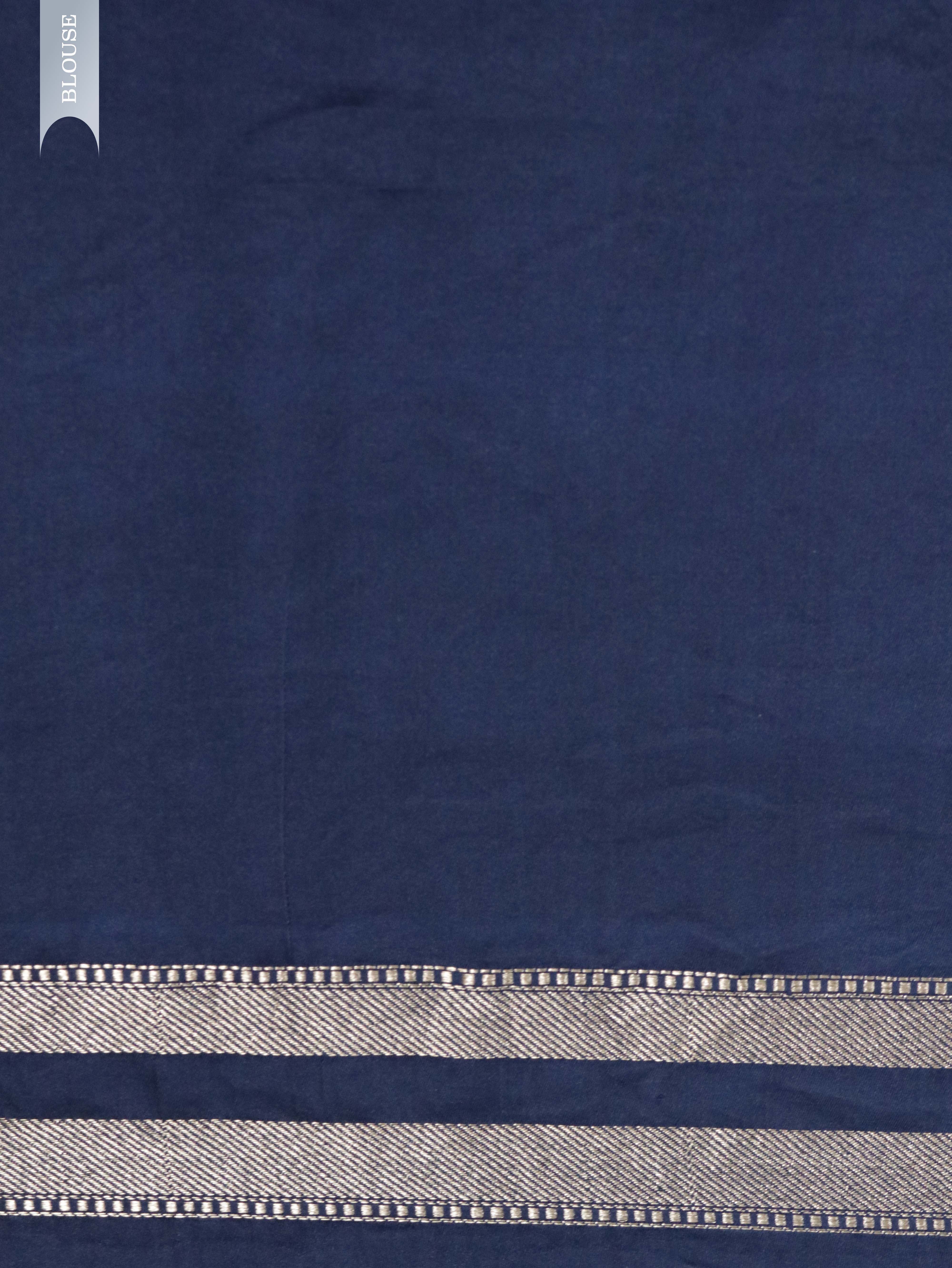 Indigo Blue Banarasi Mushroom Silk Saree with Silver Zari Geometric Jaal & Zari Border