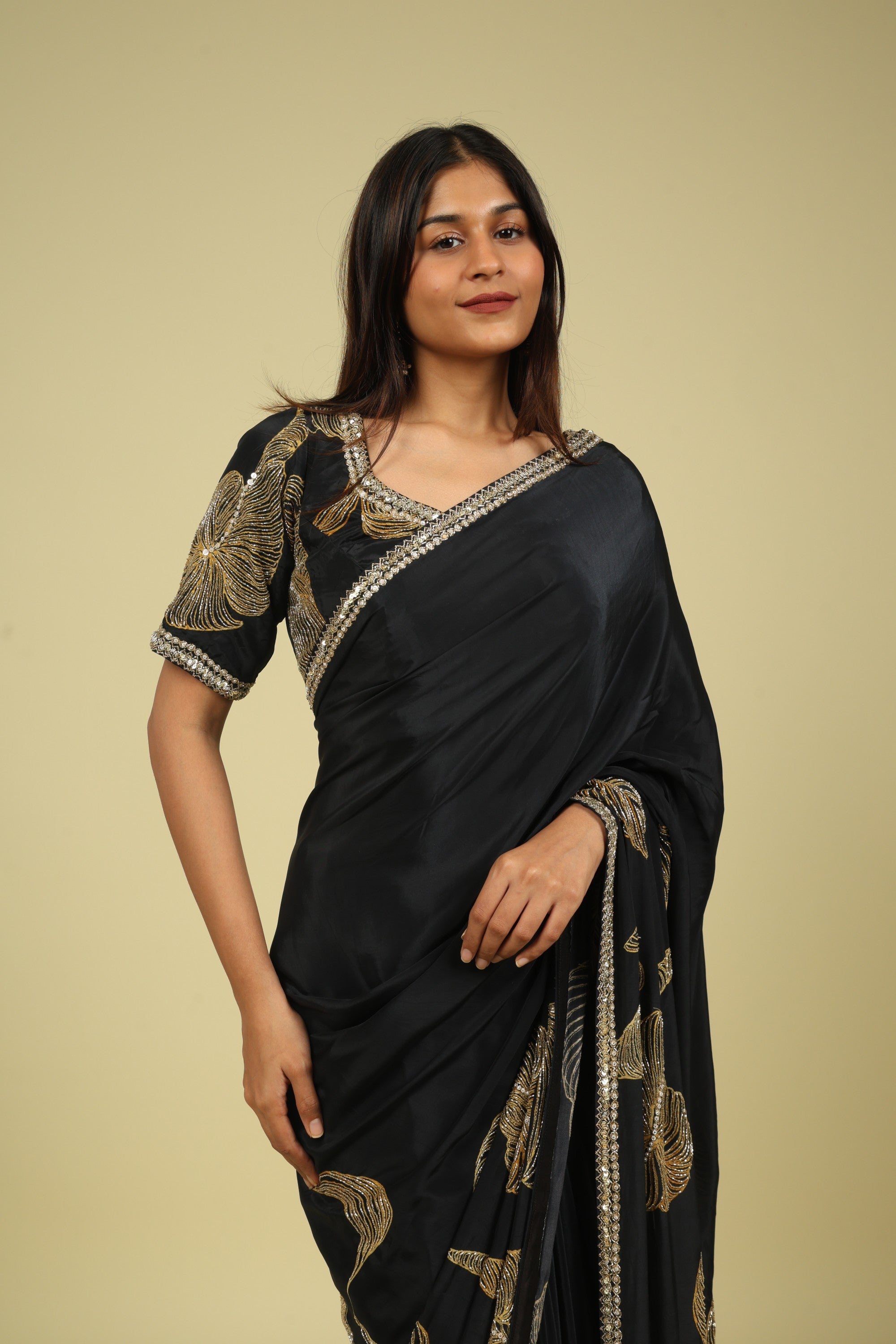 Black Satin Saree with Kardana & Sequin Fancy Work