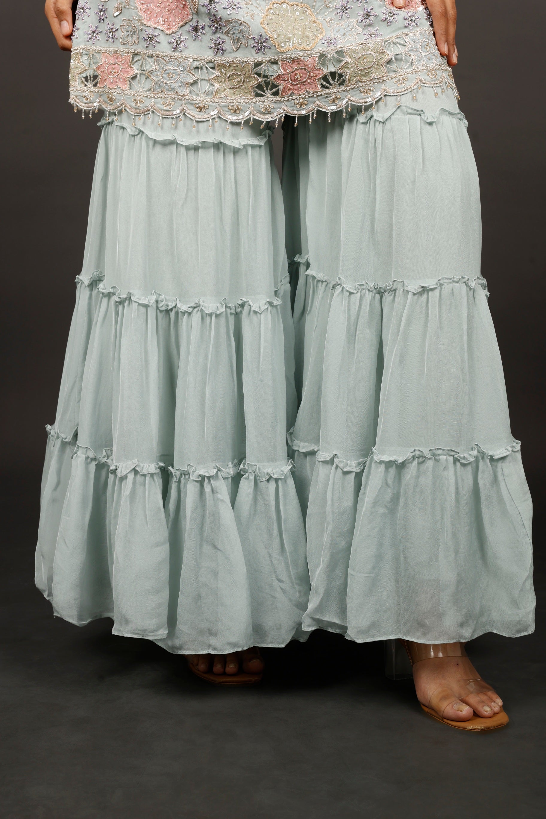 Light Blue Georgette Sharara Set with Shadow, Zari, Pearl, Cutdana & Sequin Embroidery