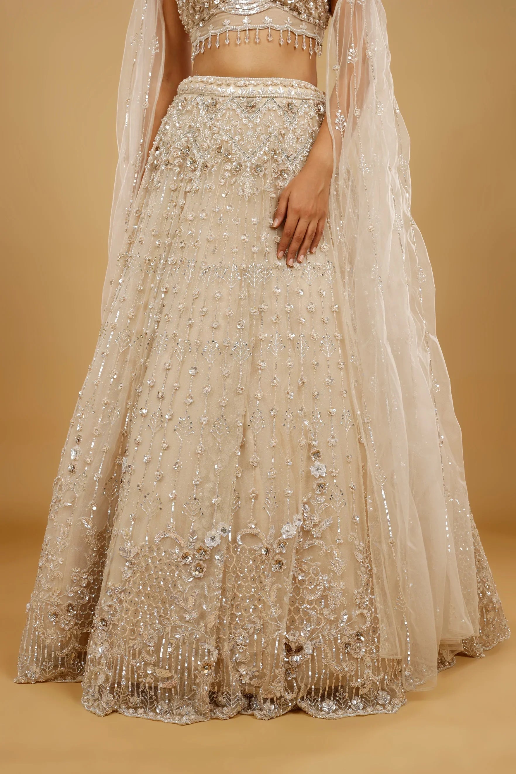Beige Gold Net Lehenga Set with Sequin, Cutdana & Stone Embroidery