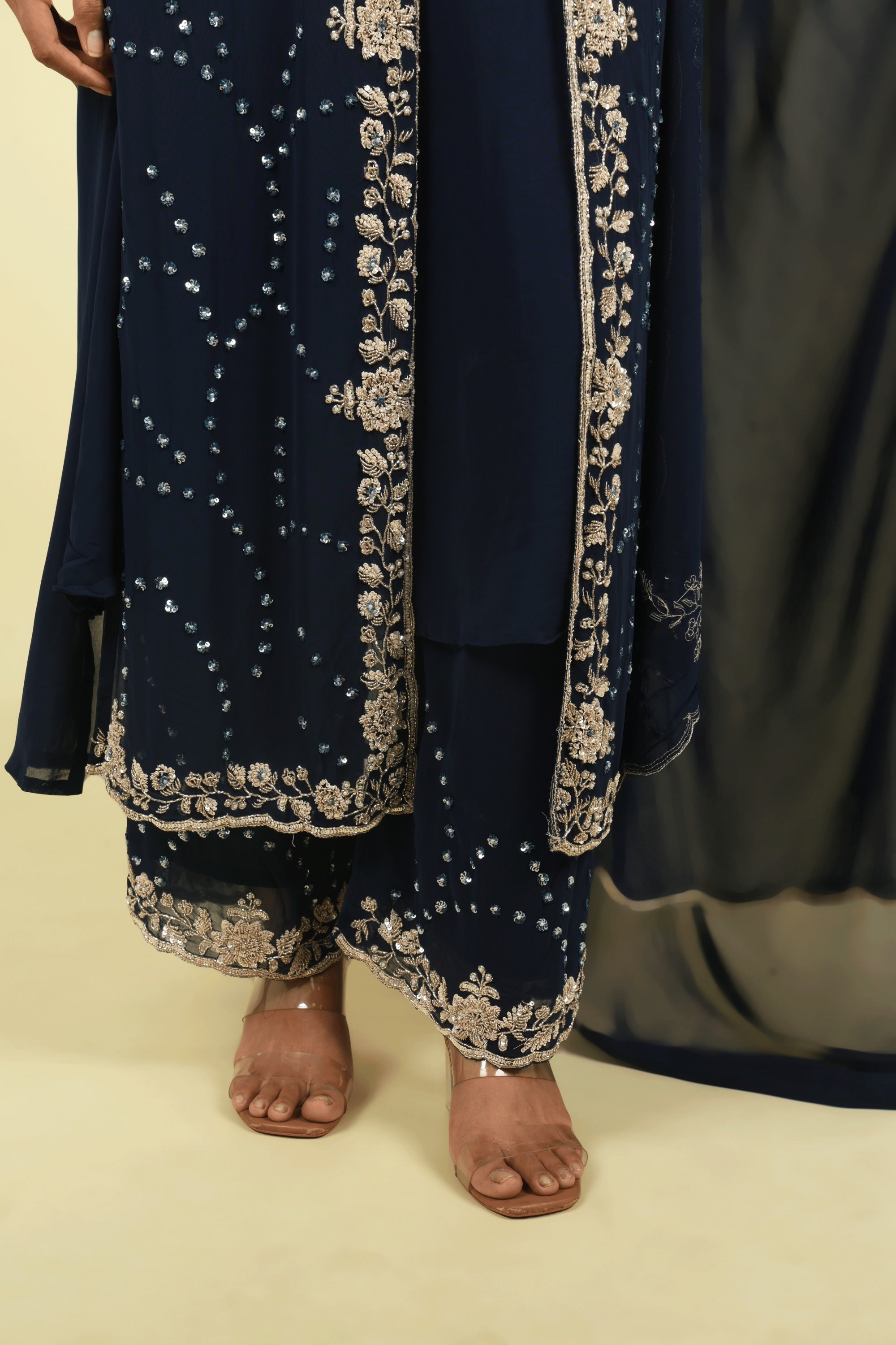 Navy Blue Georgette Anarkali Set with Cape & Dupatta