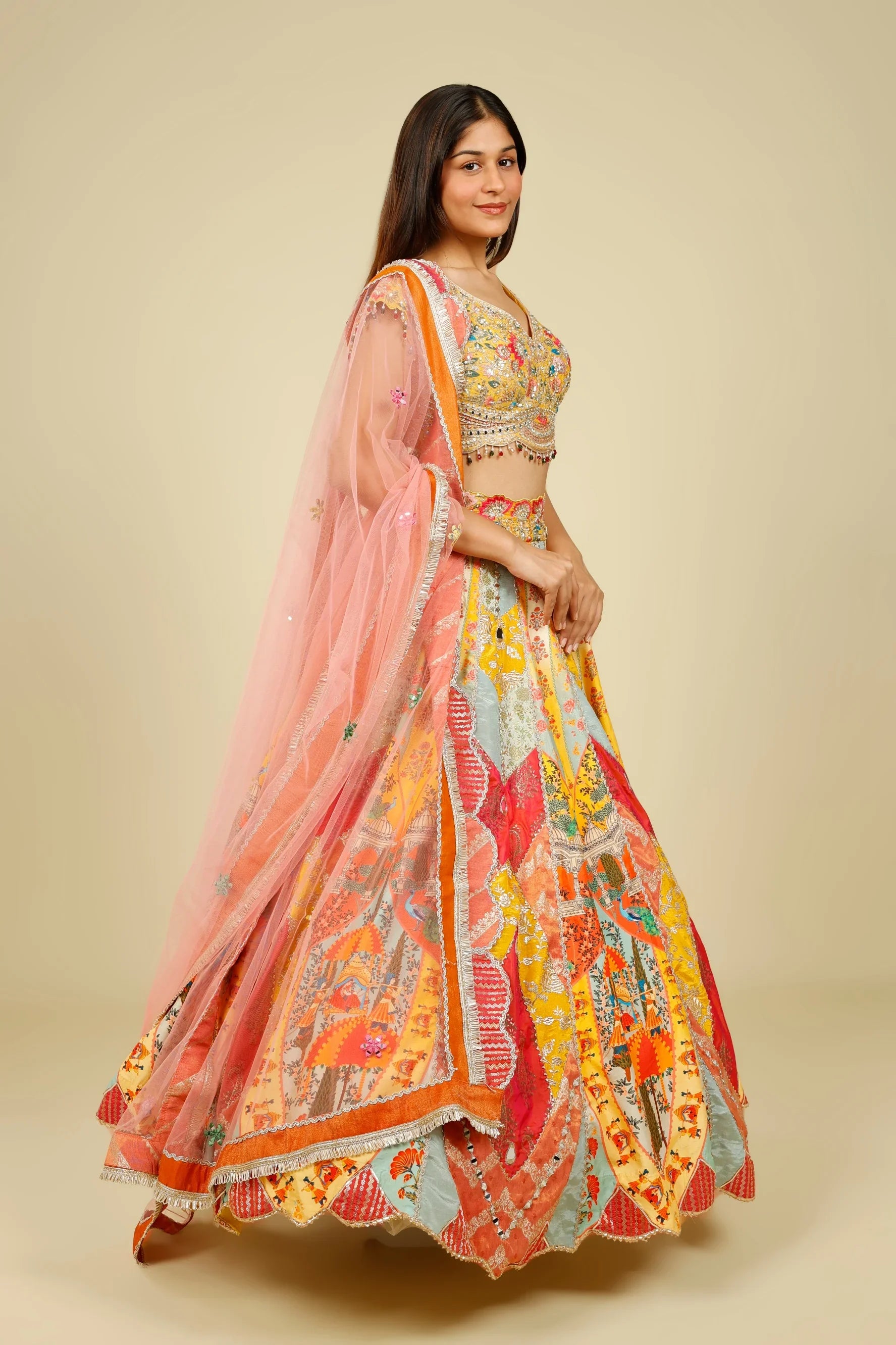 Multicolour Printed Silk Patchwork Lehenga Set with Mirror & Zari Embroidery | Mokshaa