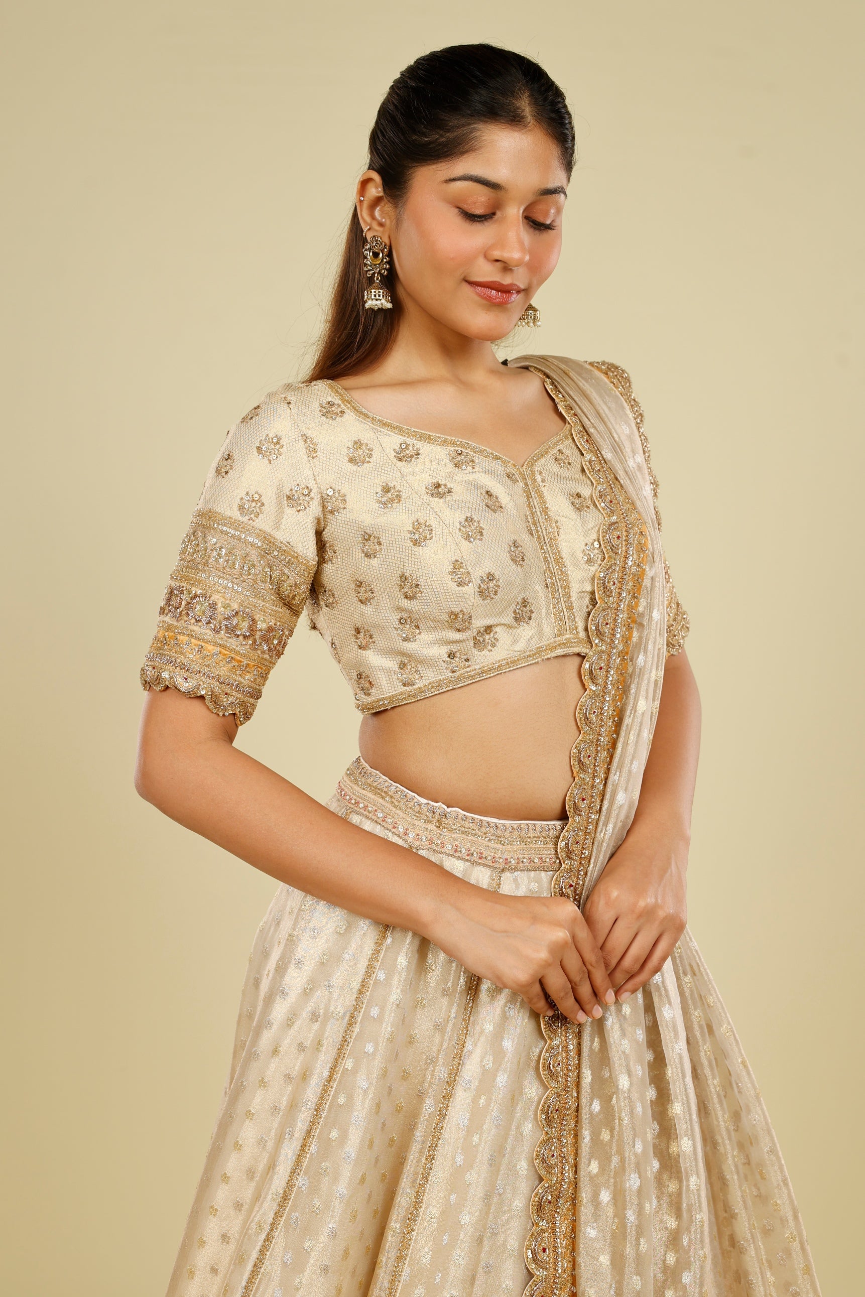 Ivory Banarasi Tissue Organza Lehenga Set with Zardozi, Zari & Sequin Embroidery