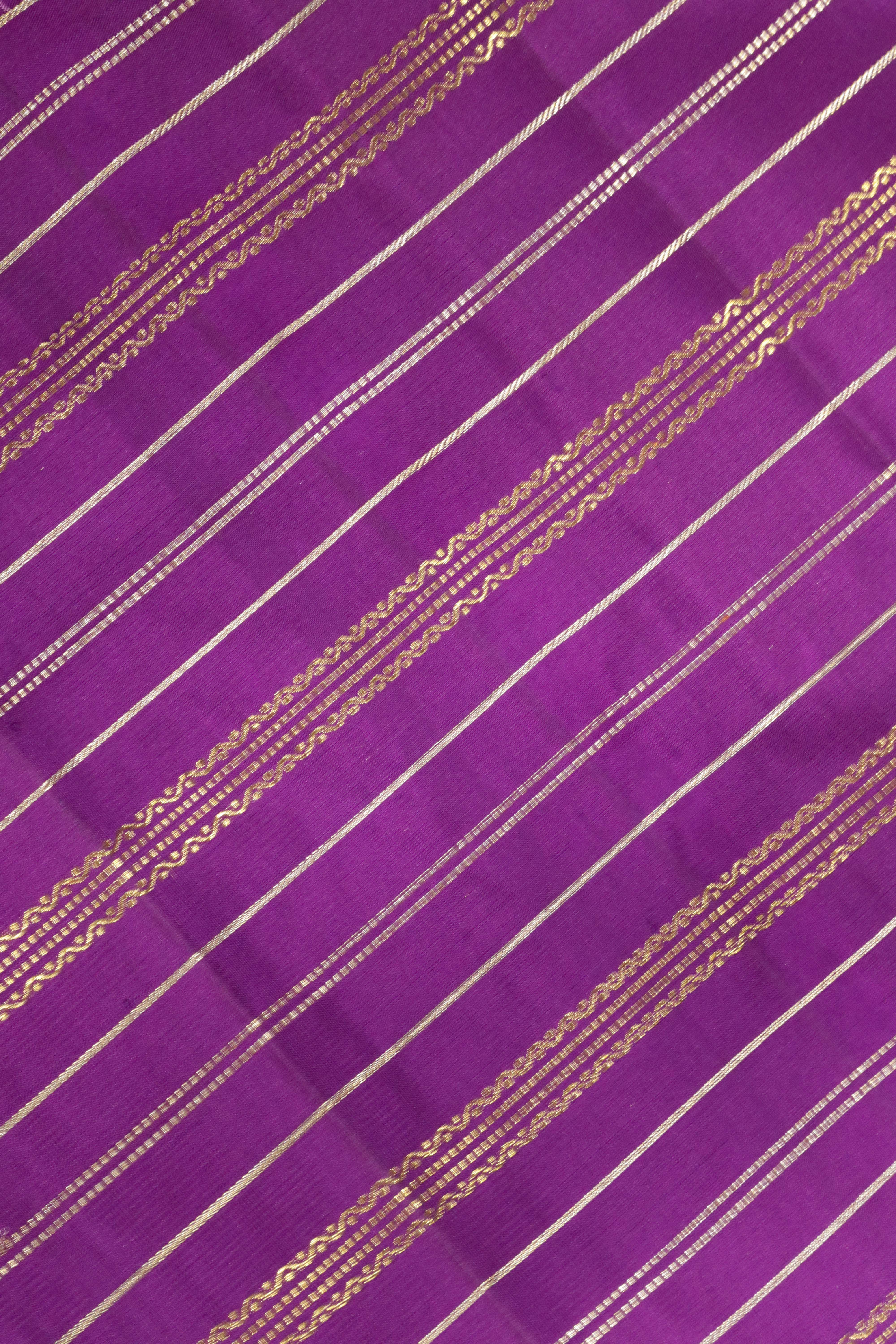 Purple Kanchipuram Silk Saree with Gold & Silver Zari Stripes and Contrast Silk Border