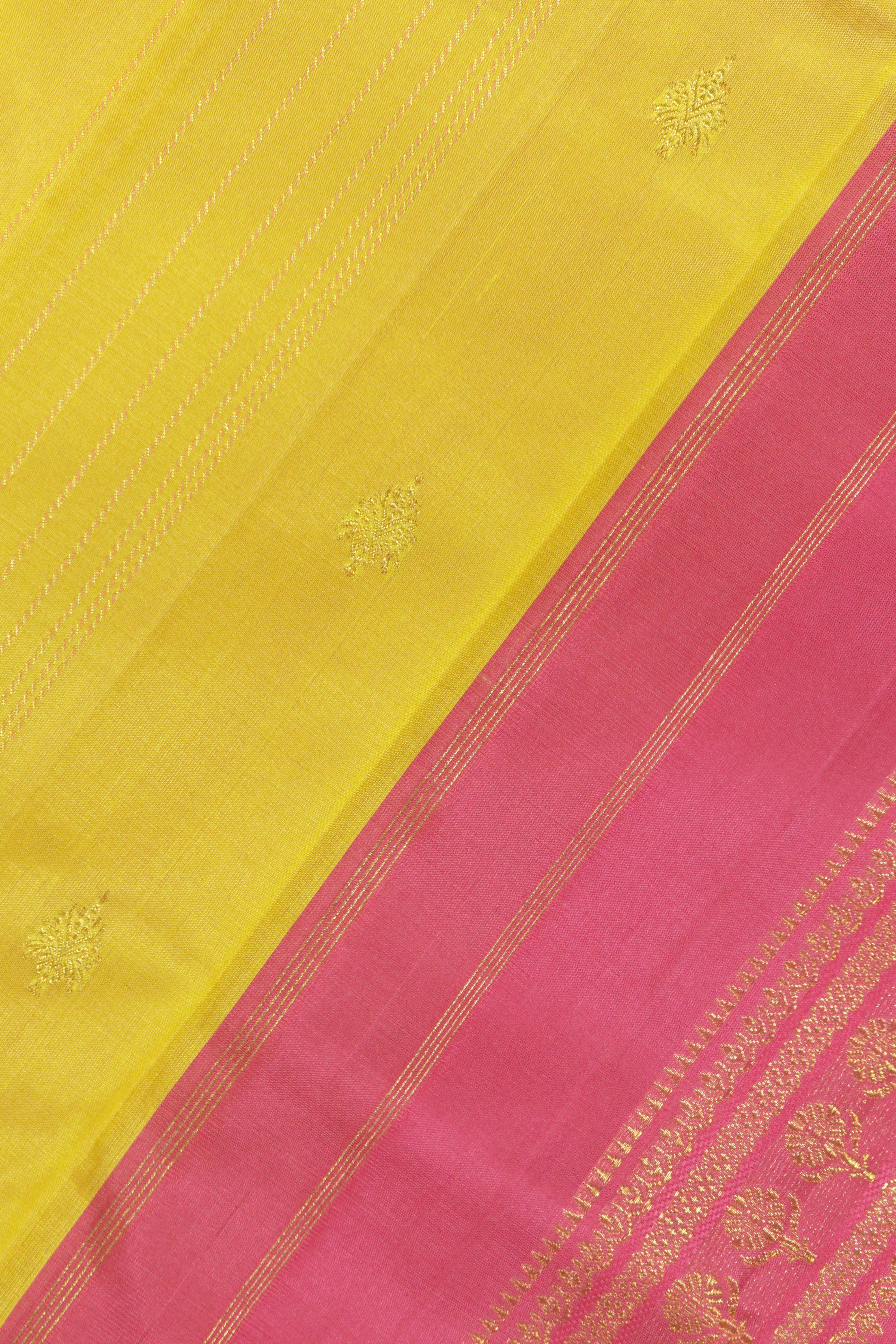 Yellow Kanchipuram Silk Saree with Zari Stripes, Motifs & Contrast Zari Border