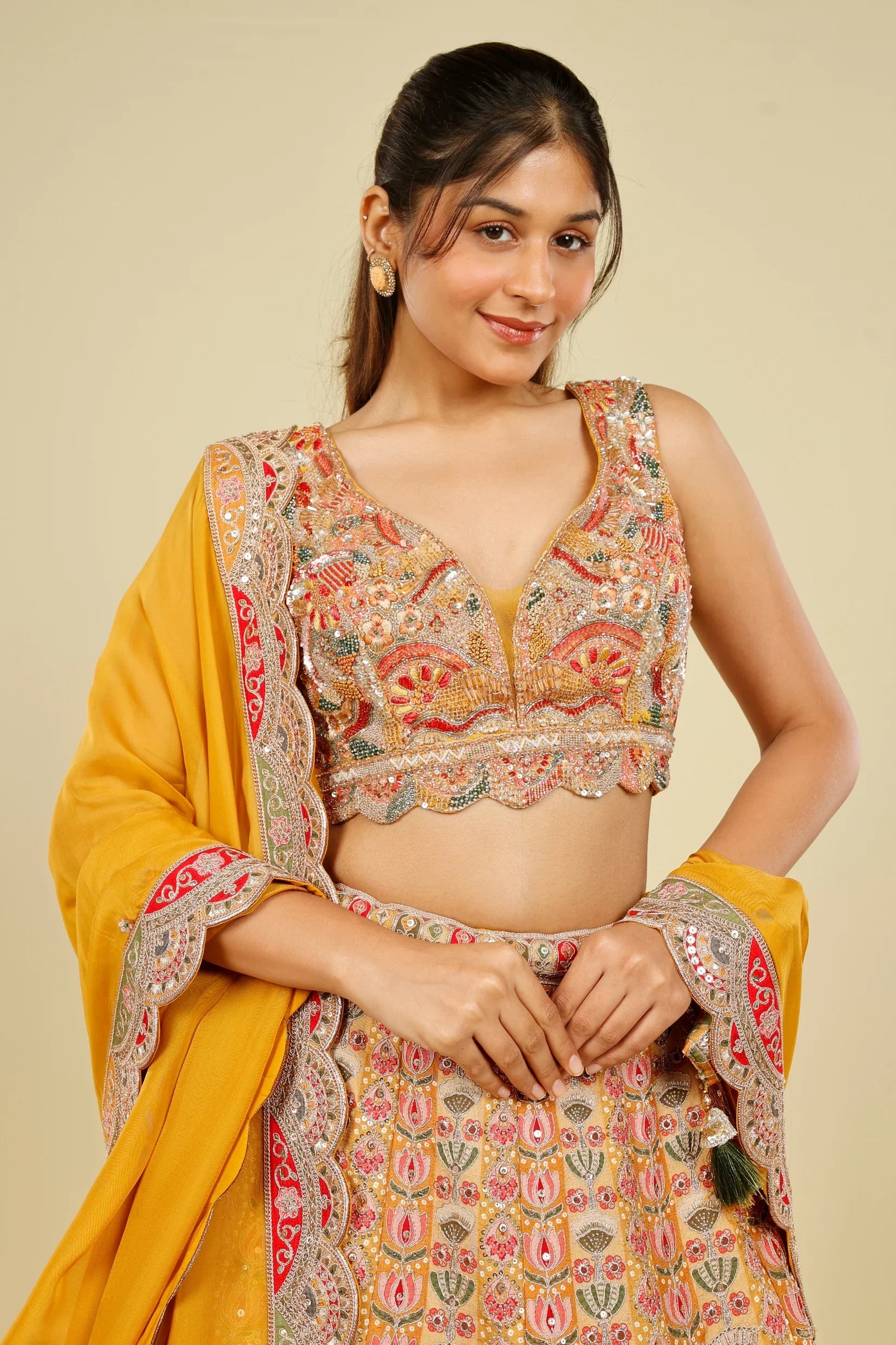 Yellow Printed Silk Lehenga Set with Zari & Sequin Embroidery