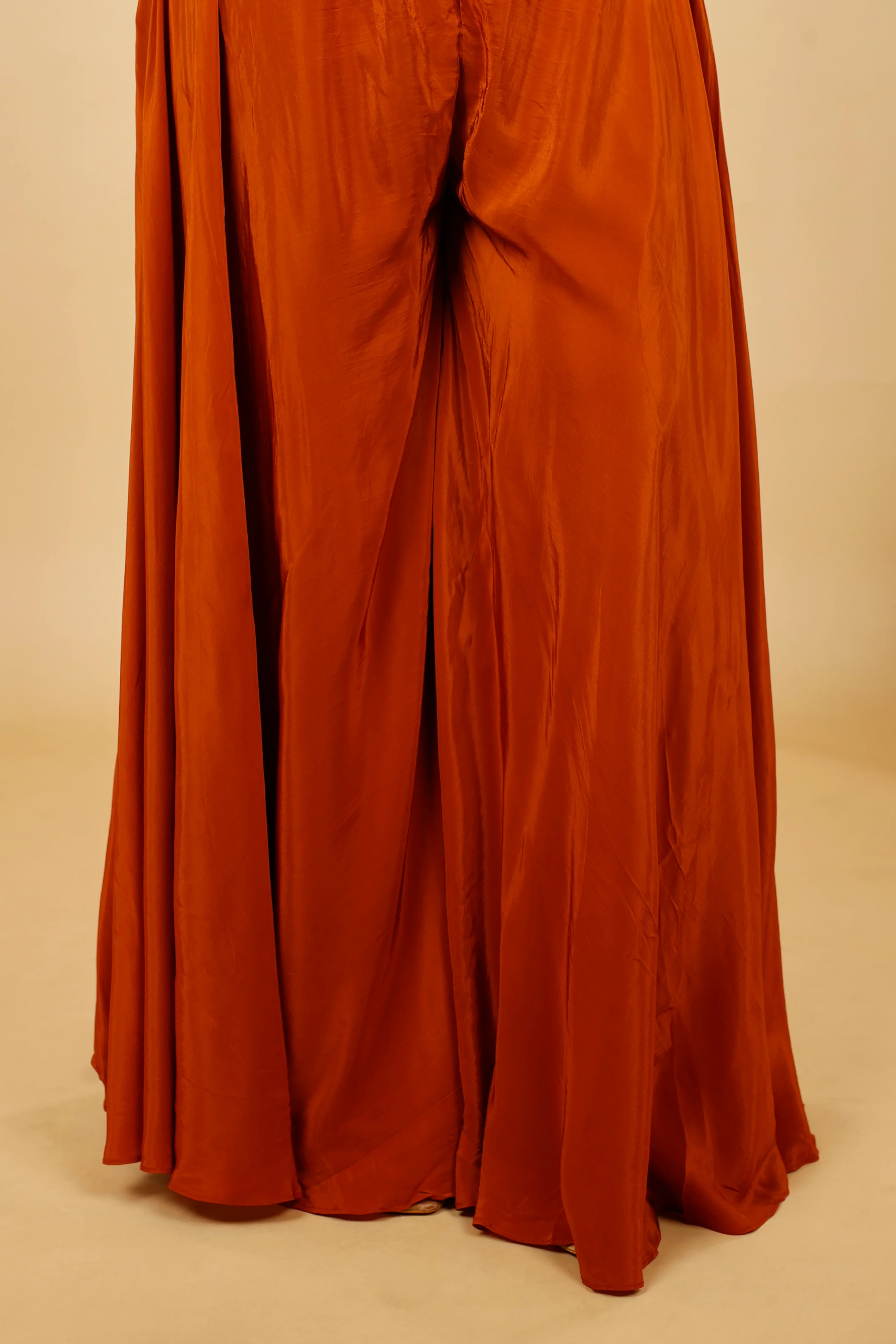 Rust Orange Crepe Silk Crop Top Palazzo Set with Sequin, Cutdana & Pearl Embroidery - Mokshaa
