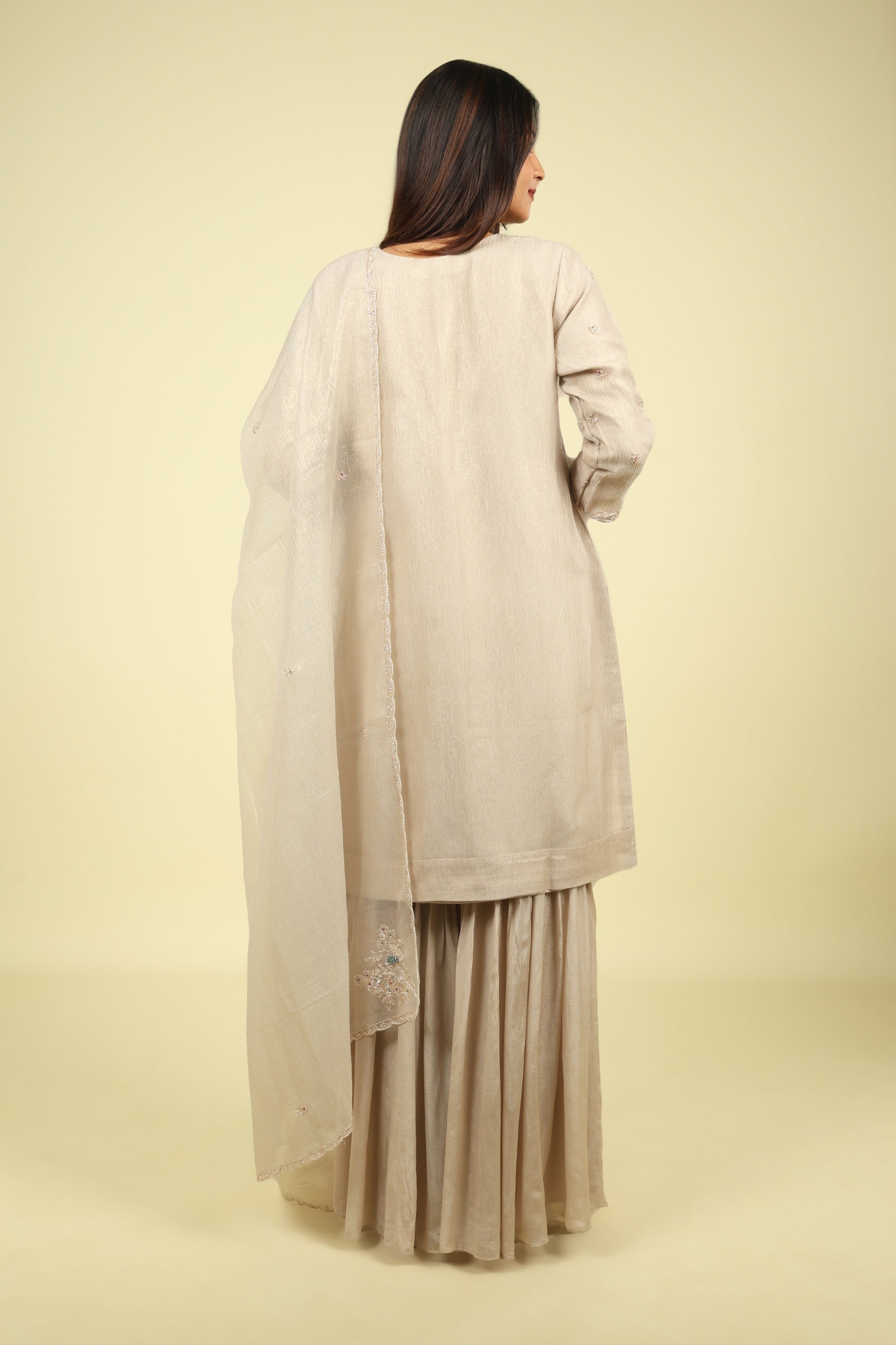 Beige Embroidered Crush Tissue Sharara Set