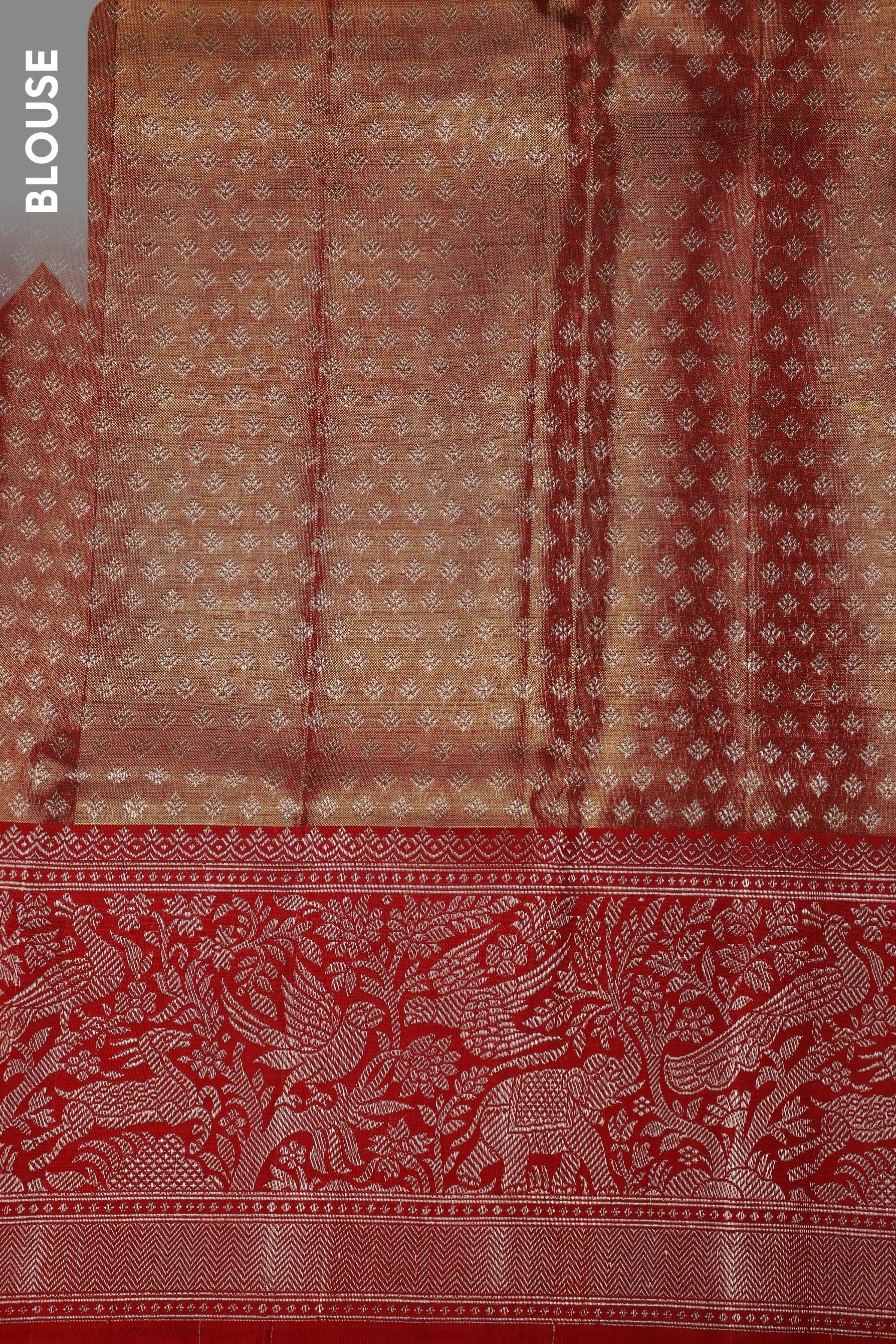 Burnt Gold Tissue Silk Saree with Zari Jaal and Red Korvai Border Mokshaa