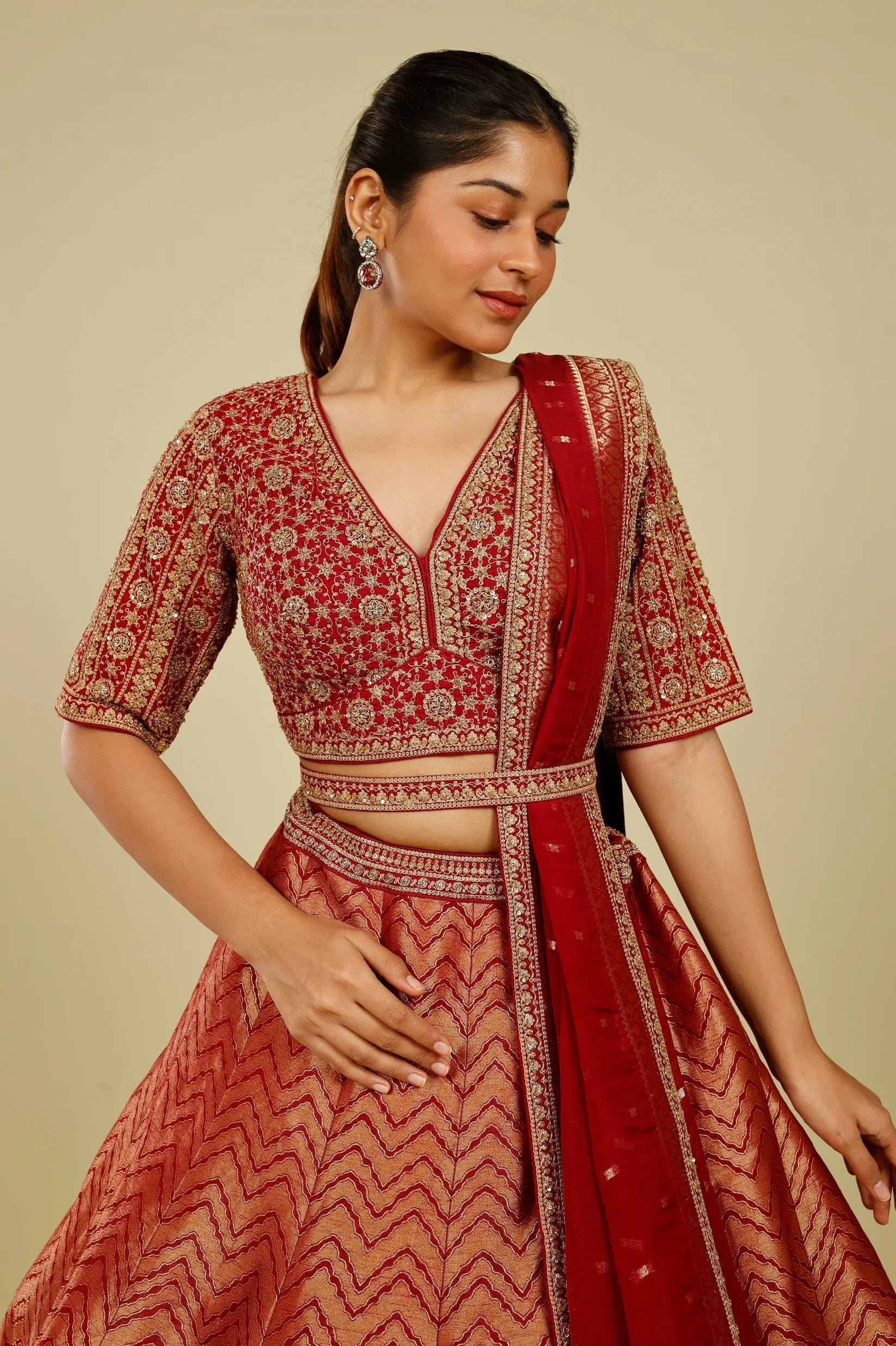 Maroon Banarasi Lehenga Set with Zari, French Knot & Cutdana Embroidery | Mokshaa