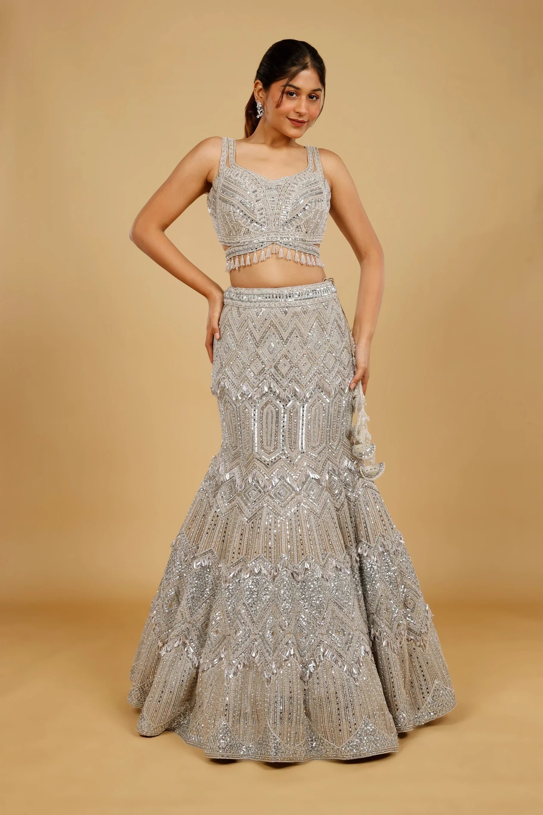 Champagne Net Mermaid Lehenga Set with Mirror, Pearl & Sequin Embroidery