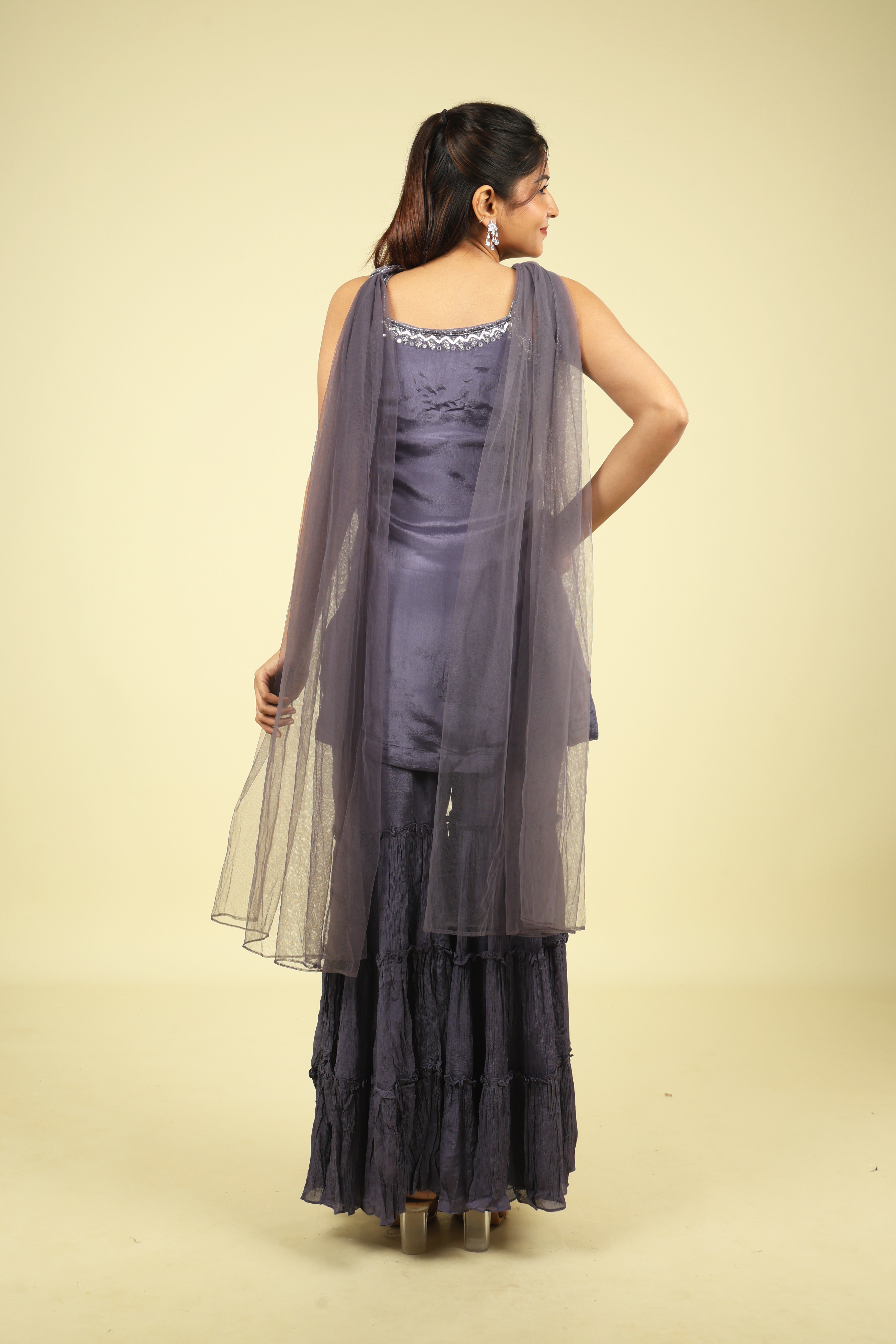Amethyst Chinon Sharara Set with Sequin & Cutdana Embroidery - Mokshaa