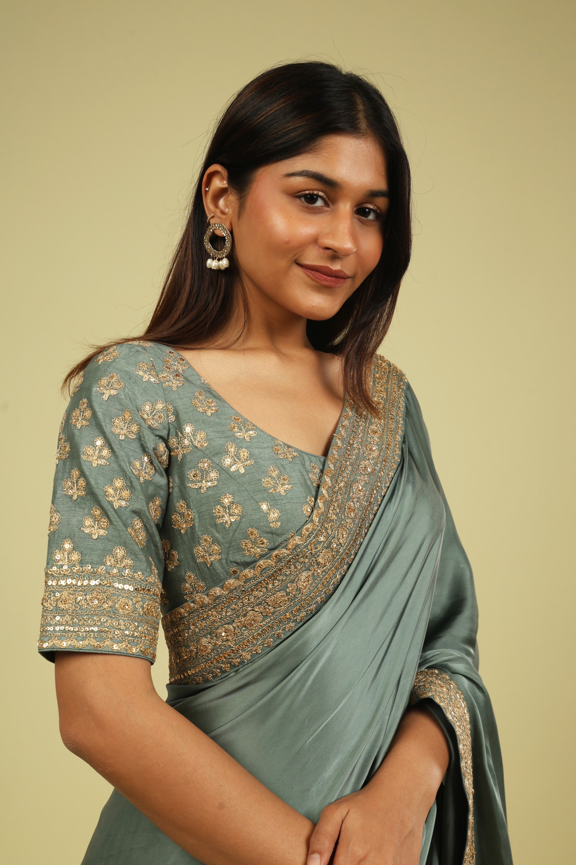 Powder Blue Satin Saree with Zari Thread Border & Zari Motif Blouse