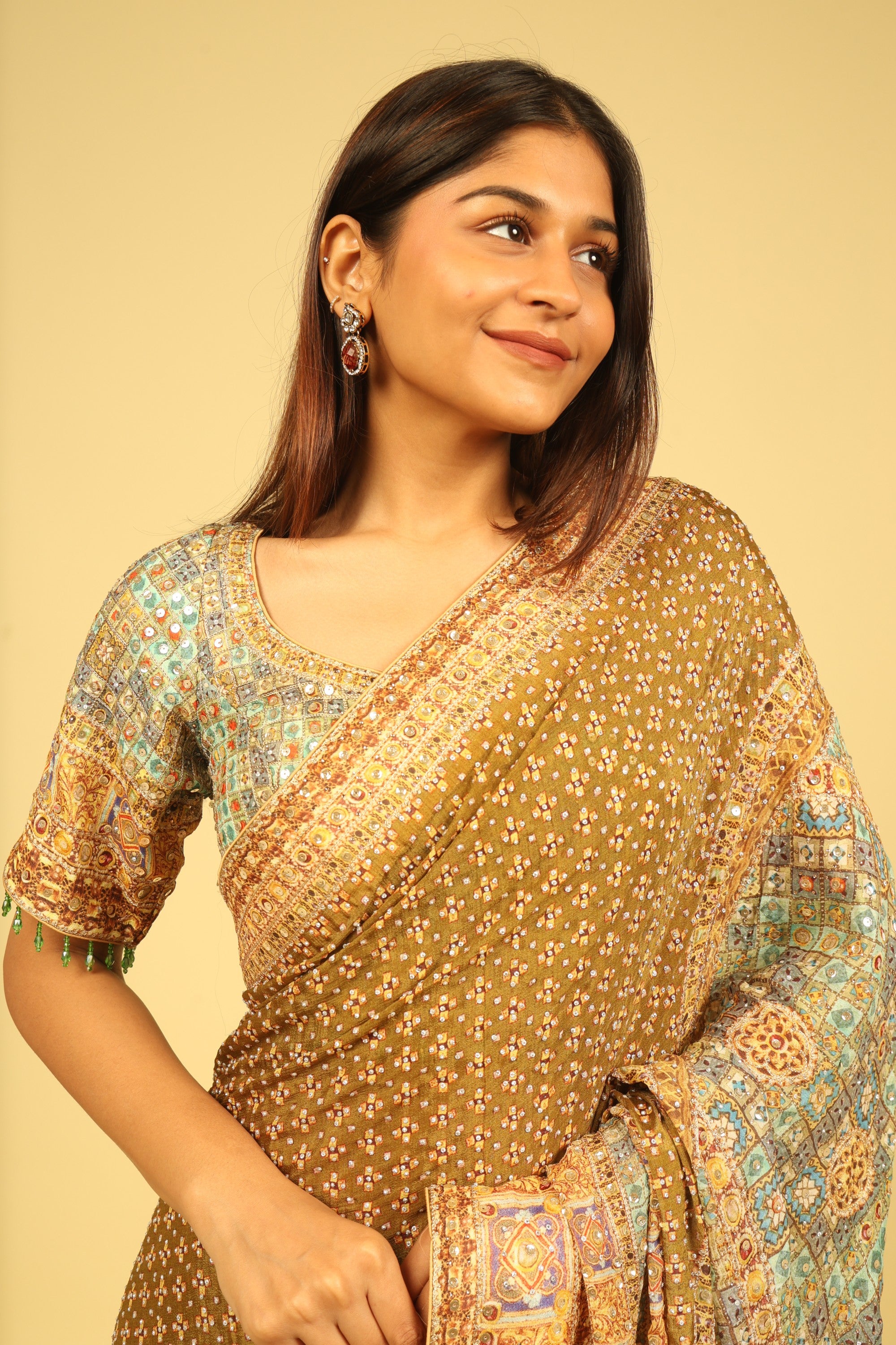 Dusty Green Soft Georgette Saree with Multicolour Digital Print, Sequin & Mirror Highlights