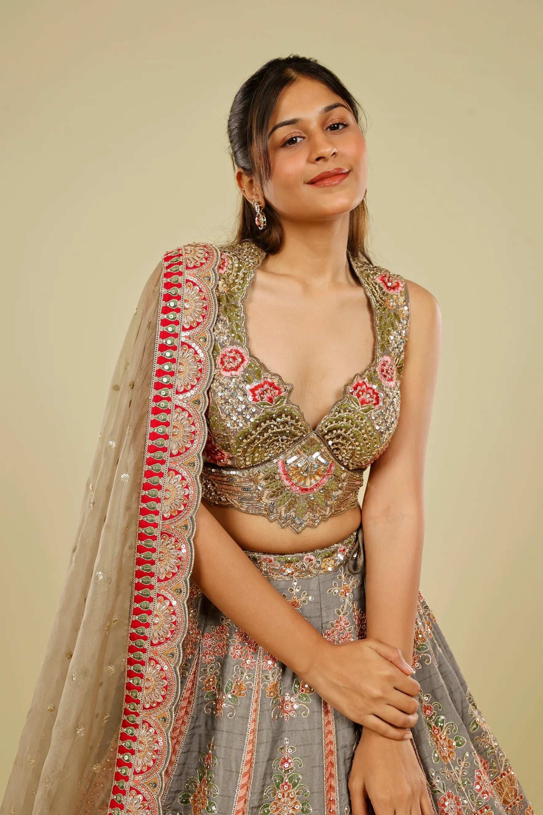 Grey Silk Lehenga Set with Zari, Stone & Sequin Embroidery | Mokshaa