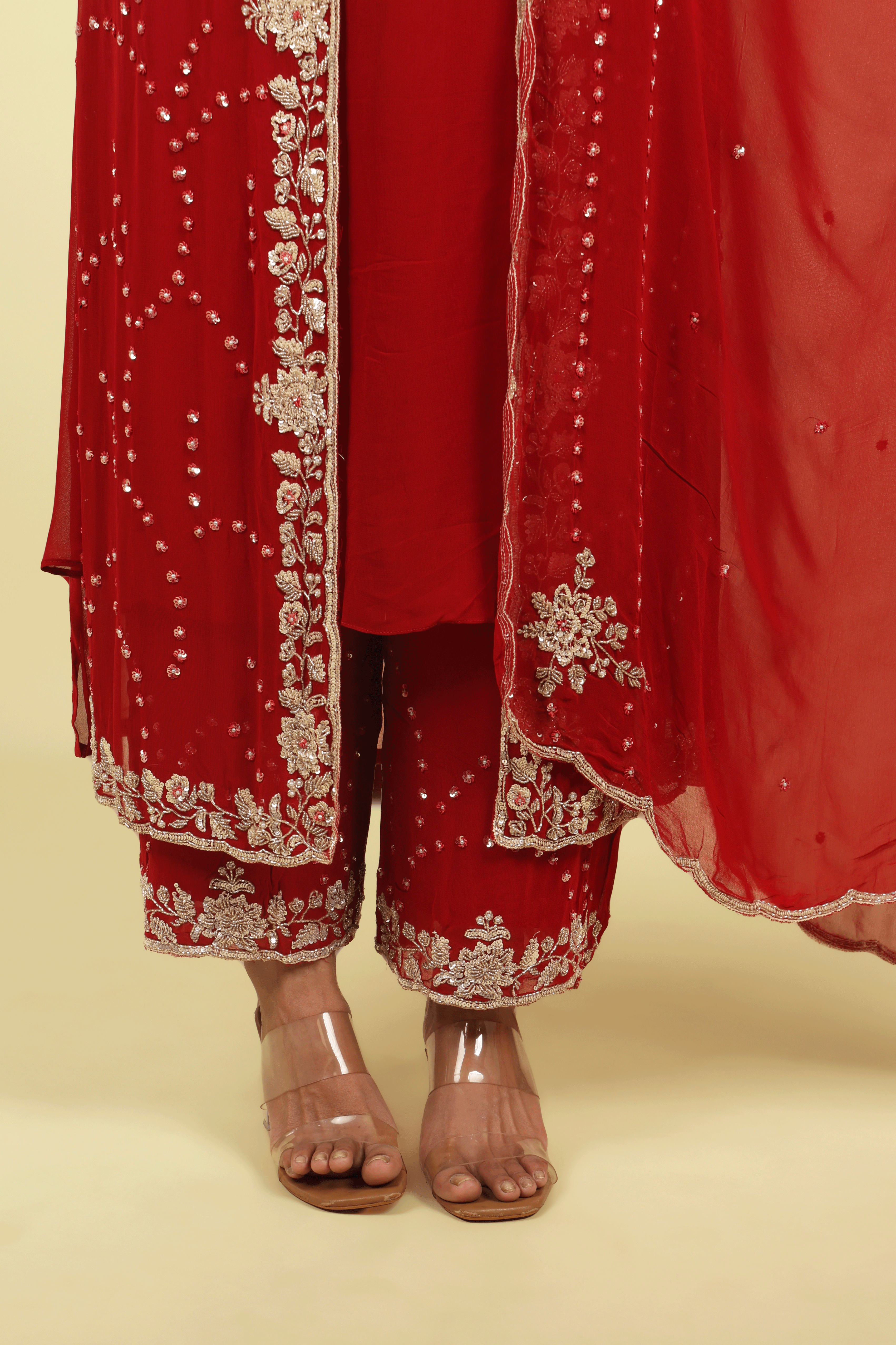 Red Georgette Anarkali Cape Set with Sequin, Cutdana & Pearl Embroidery