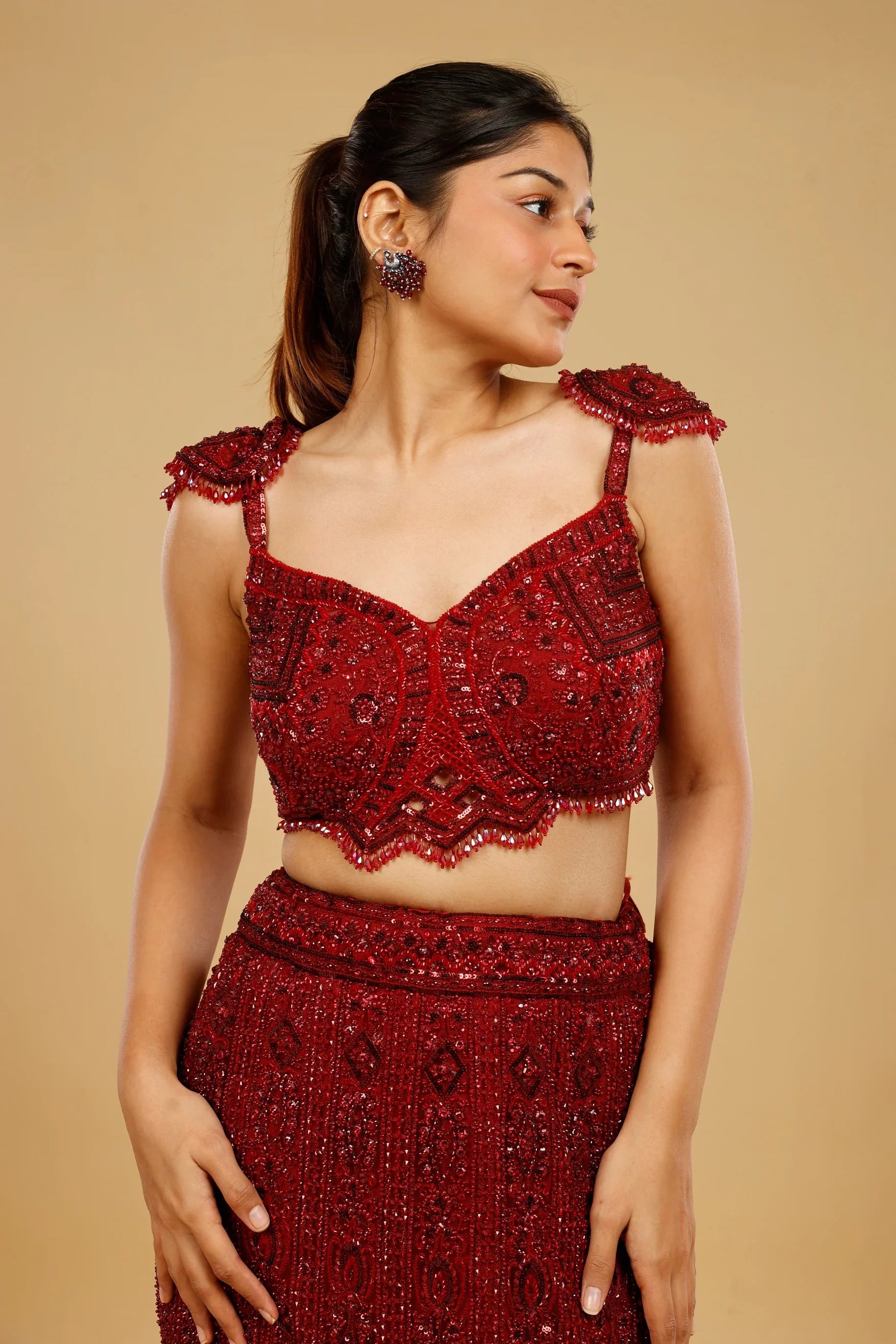 Maroon Hand-Embroidered Mermaid Lehenga Set - Mokshaa