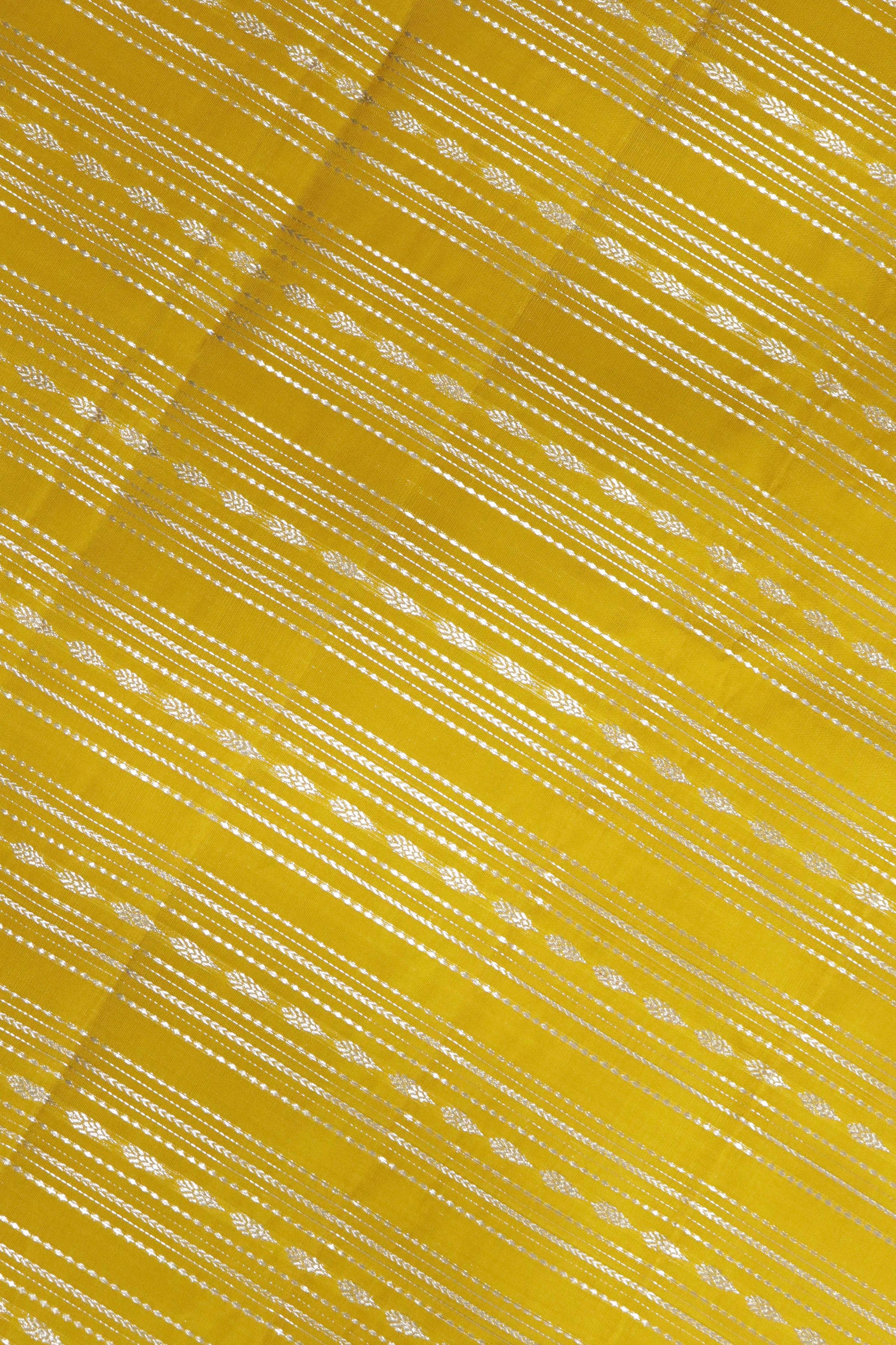 Yellow Kanchipuram Silk Saree with Silver Zari Horizontal Weaving Lines and Fancy Border - Mokshaa