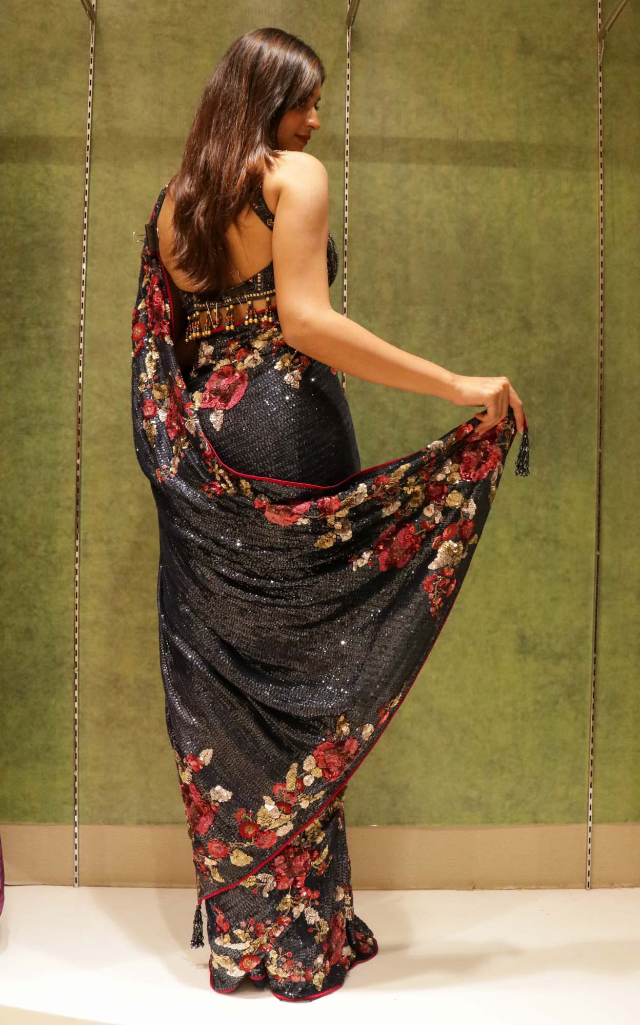 Navy Blue Georgette Saree with All-Over Sequins & Multicolour Sequin Border