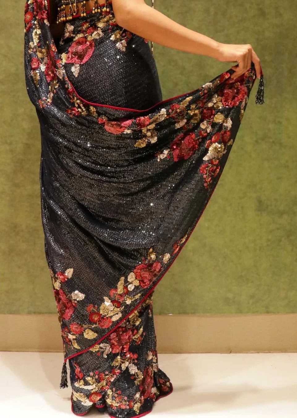 Navy Blue Georgette Saree with All-Over Sequins & Multicolour Sequin Border - Mokshaa