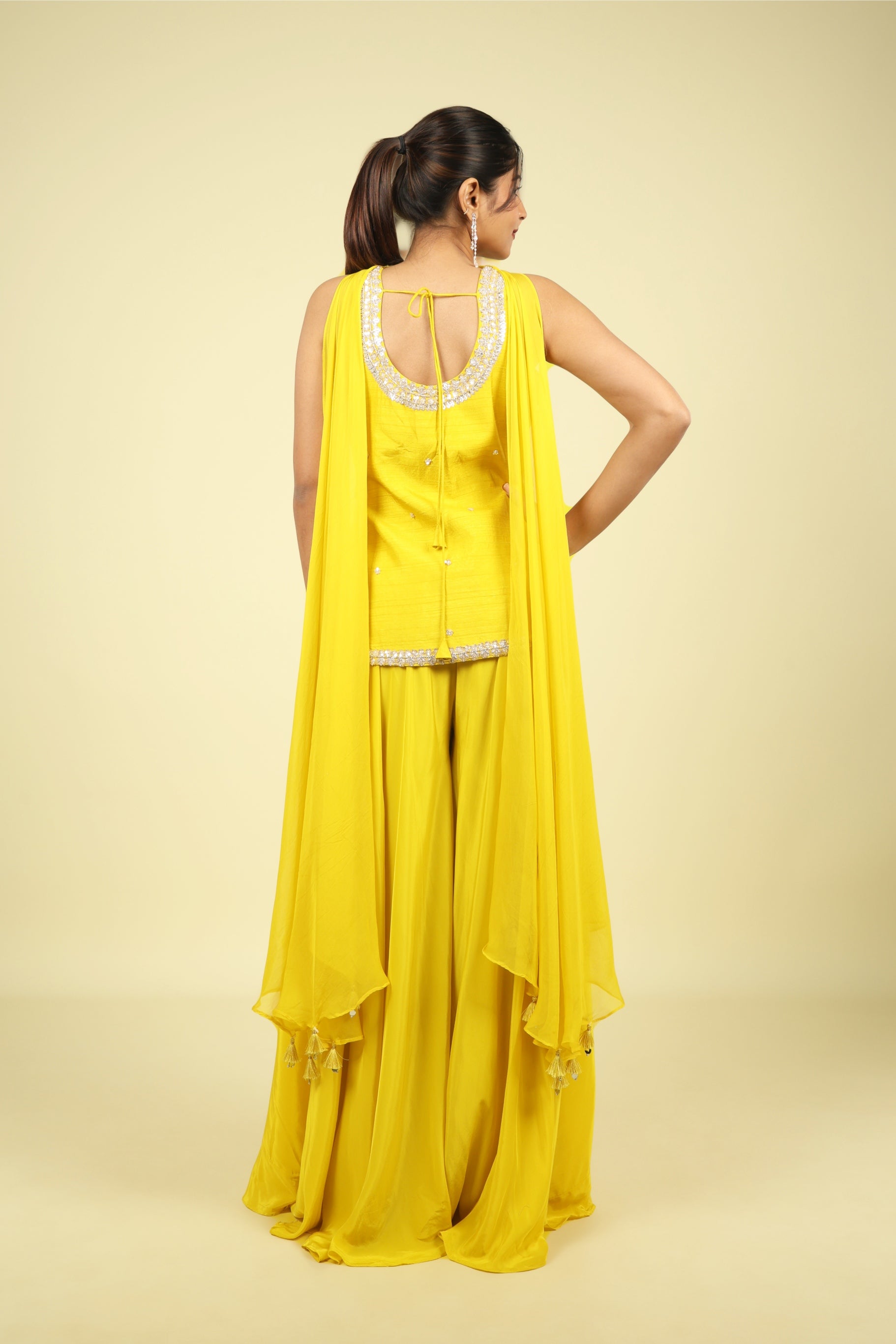 Yellow Silk Embroidered Palazzo Set with Organza Choker Dupatta